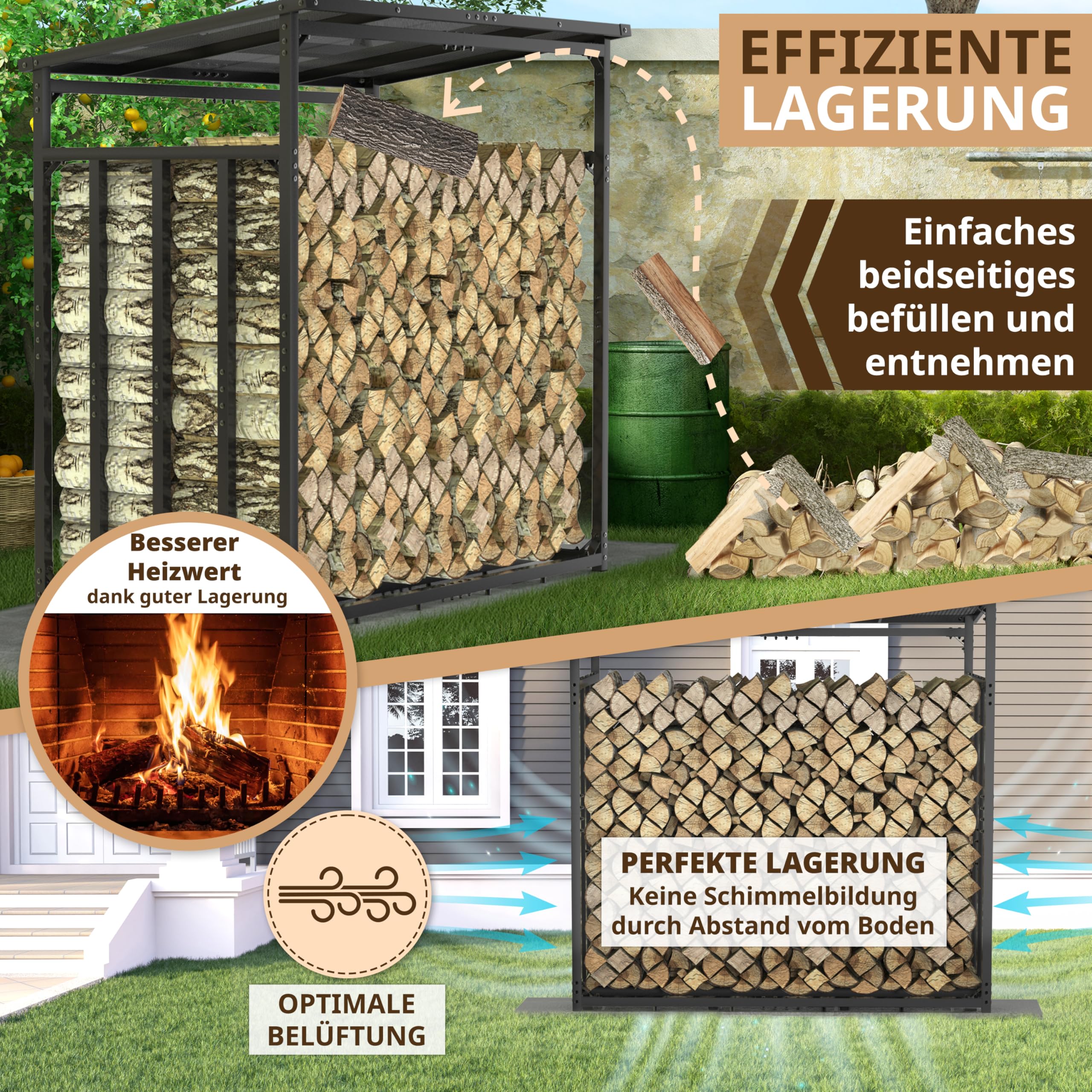 LAWA Kaminholzregal Metall mit Dach 185x105x185 verzinkt | 3,5t Tragfähigkeit, 1m tief, Brennholzregal außen, Stapelhilfe, Unterstand für Feuerholz, für 25cm Holzscheite