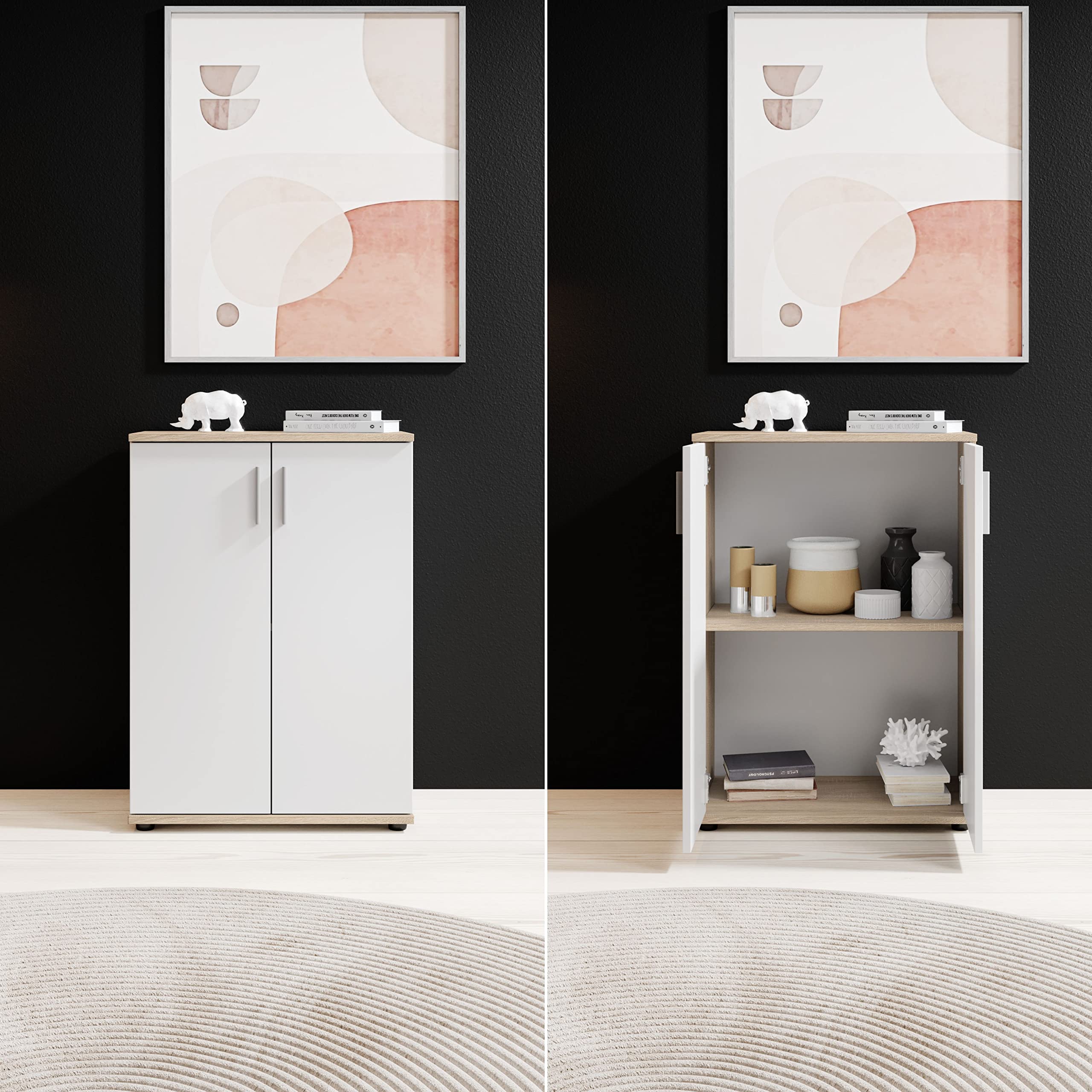 Stella Trading BOBBY, Cassettiera, effetto rovere Sonoma, bianco, credenza elegante con ampio spazio disponibile per la zona giorno; 60 x 82 x 35 cm, L x A x P