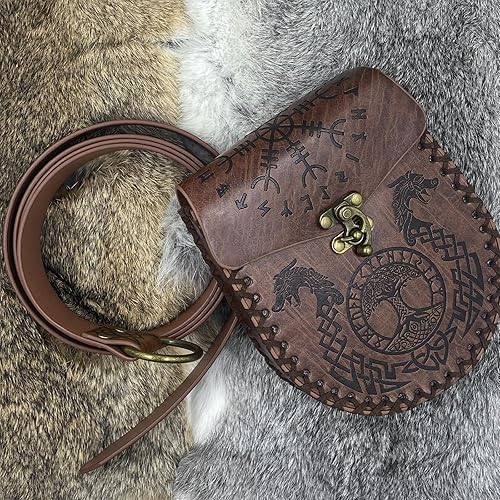 Miniatura 3 de HiiFeuer Cinturón medieval con anillo tórico en relieve con cinturón nórdico en relieve, cinturón de piel sintética vintage y bolsa para cinturón