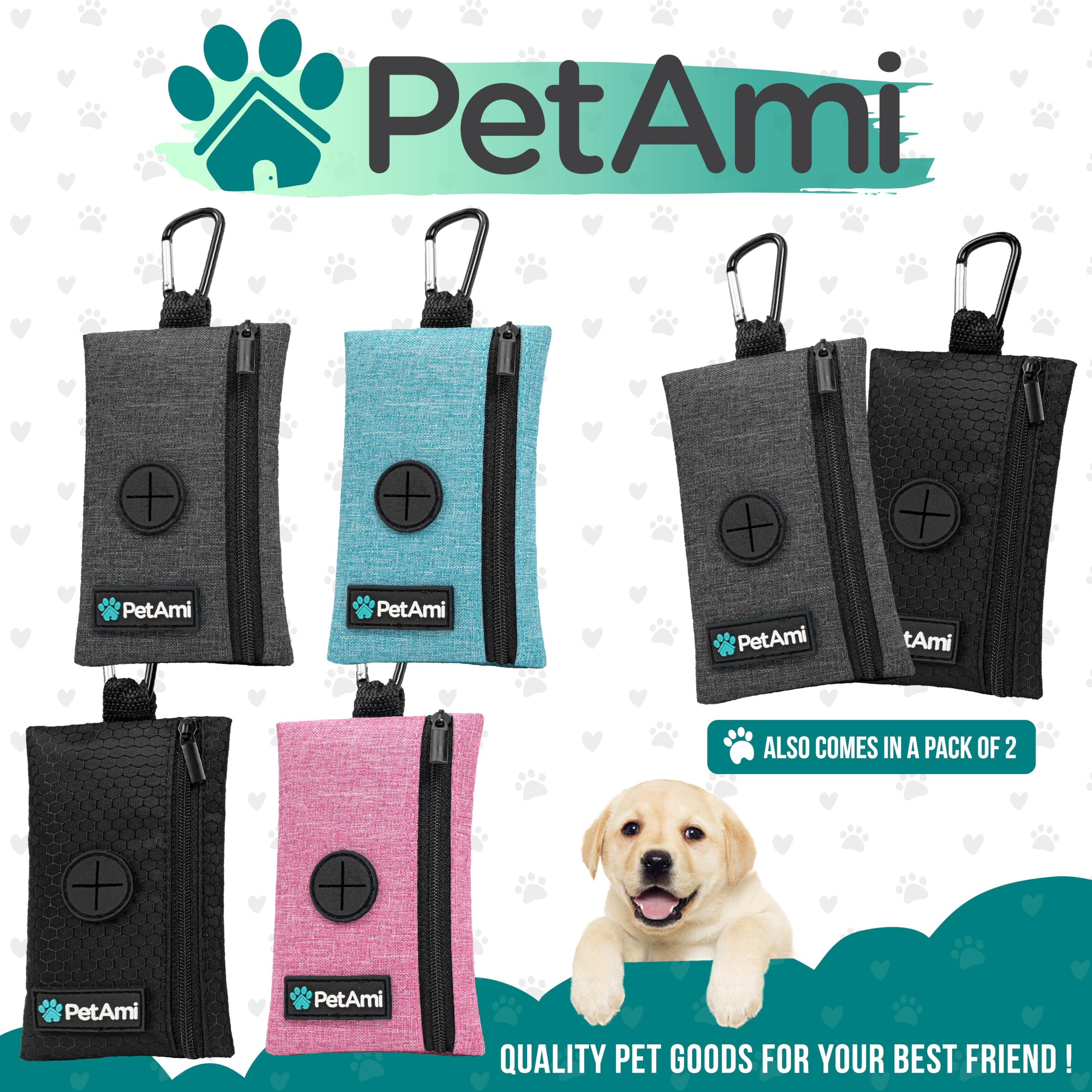 PetAmi Soporte para bolsas de excremento de perro para correa, dispensador de bolsas de basura para perros con clip para cachorros, accesorios para caminar, viajes, camping, bolsa de golosinas para