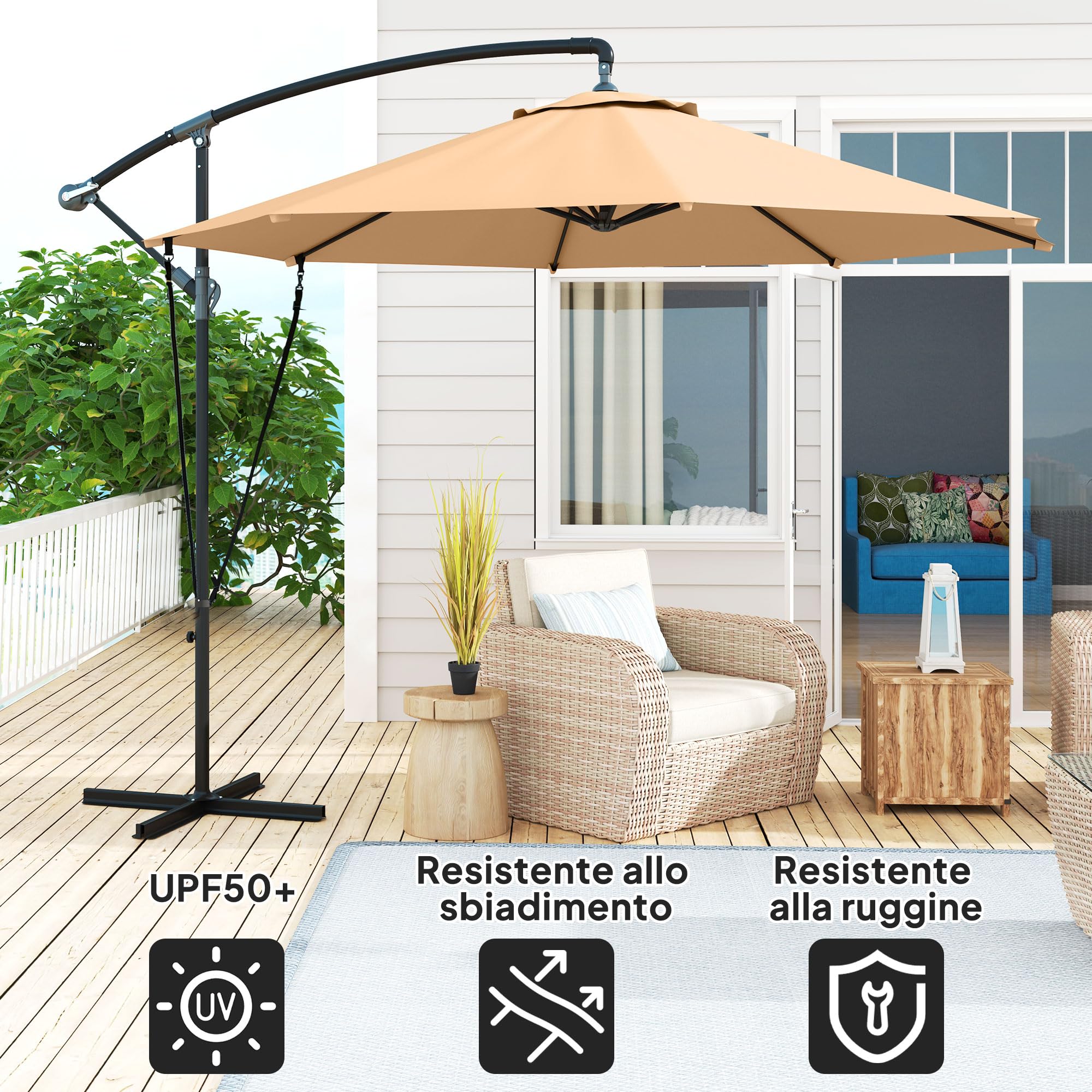 Outsunny Ombrellone Decentrato Ø3 m Ombrellone da Giardino UV 50+ Cachi | Prese d'Aria, Base a Croce e Manovella, Inclinabile e Girevole, Metallo e Poliestere 180 g/㎡