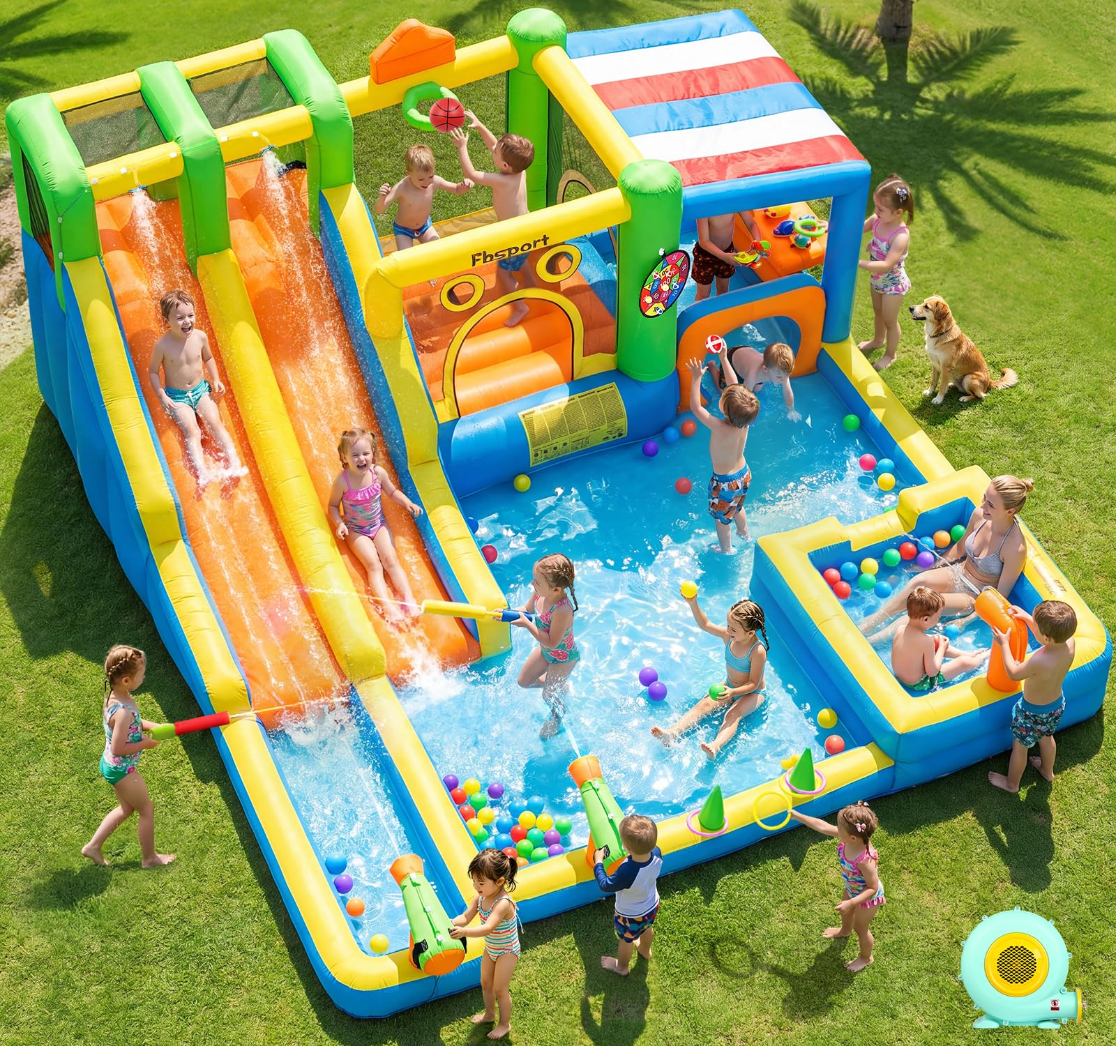 Photo 1 of FBSPORT Inflatable Bounce House Double Water Slide,11 in 1 Inflatable Water Slide Park with 680W Blower, Splash Pool, Climbing Wall, Bouncy Castle for Indoor Outdoor Backyard