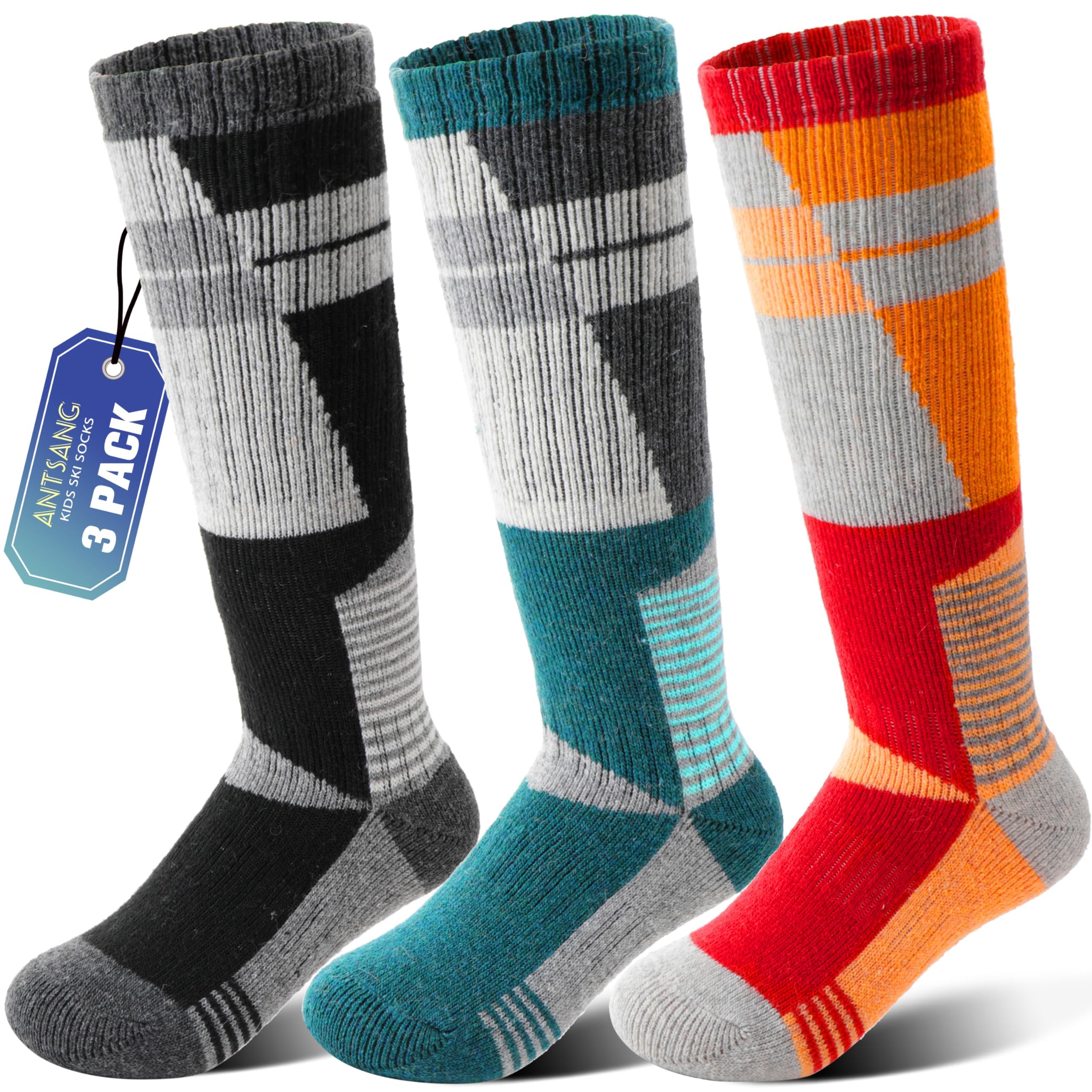 ANTSANG 3 Pairs Kids Merino Wool Ski Socks, Boys Girls Thermal Warm Socks