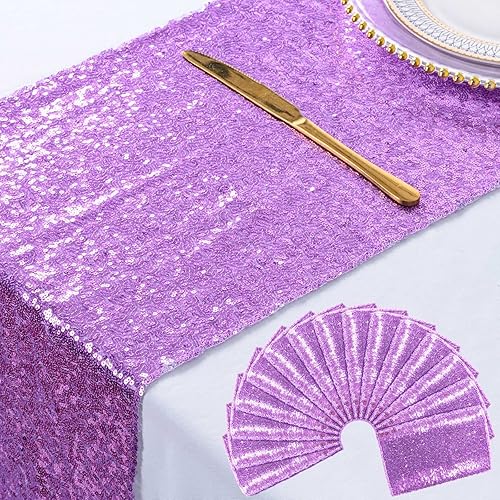 Camino de mesa de lentejuelas lavanda, 12 x 72 pulgadas, paquete de 15 caminos de mesa de boda, camino de mesa con purpurina, camino de mesa de