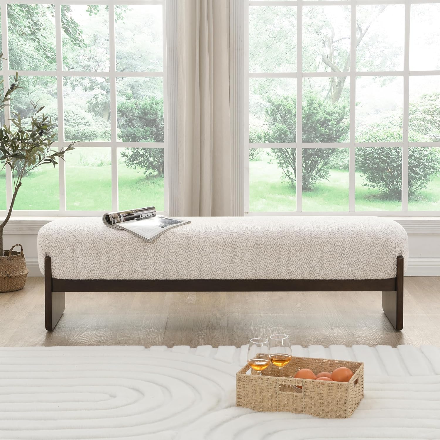 Christopher Knight Home Arden Minimalist Style Rectangular Loop Yarn Fabric Ottoman Bench, Rubberwood Frame, Entryway Bench, Living Room Sofa Extra Seat, End of Bed Footstool, Beige+Brown