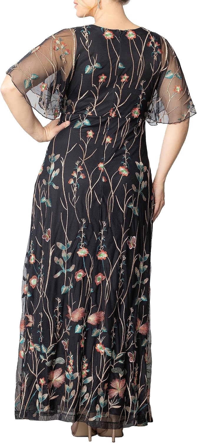 Kiyonna Women's Plus Size Floral Embroidered Elegance Evening Gown | Flattering Long Formal Mesh Dress w/Sleeves - Image 4