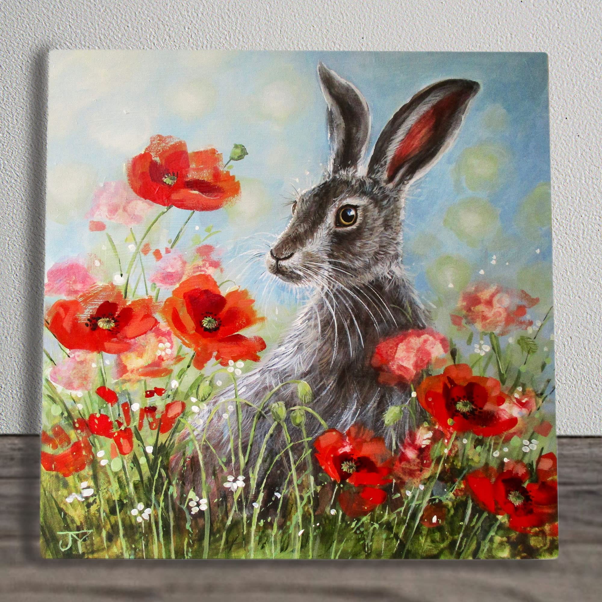 Red, Brown, Green Poppy Field Hare Ceramic Picture Tile Artwork By Judith Yates Hanging Wall Art Home Décor