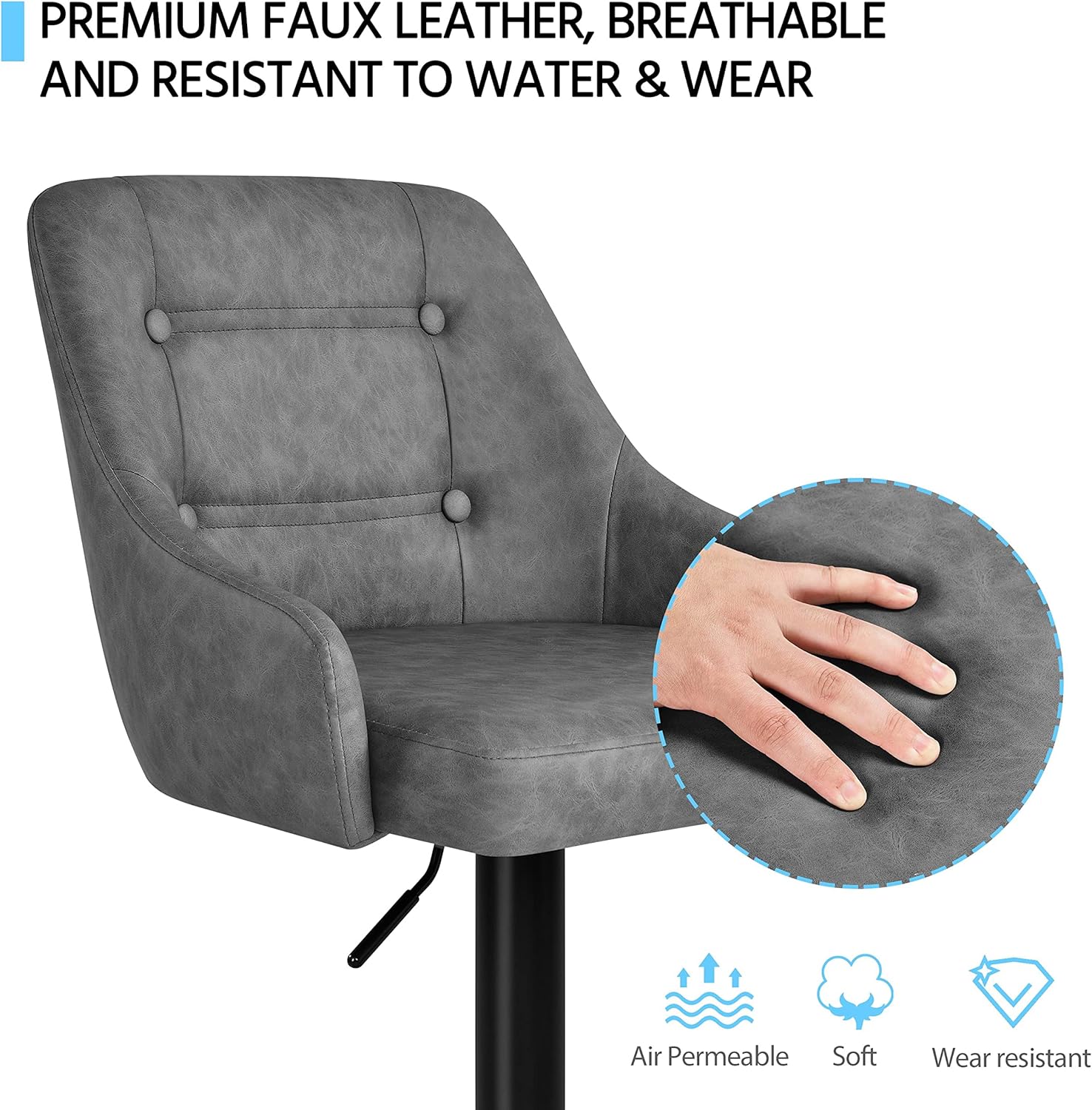 Close-up of the barstool seat material with icons for air permeable, soft, and wear resistant.