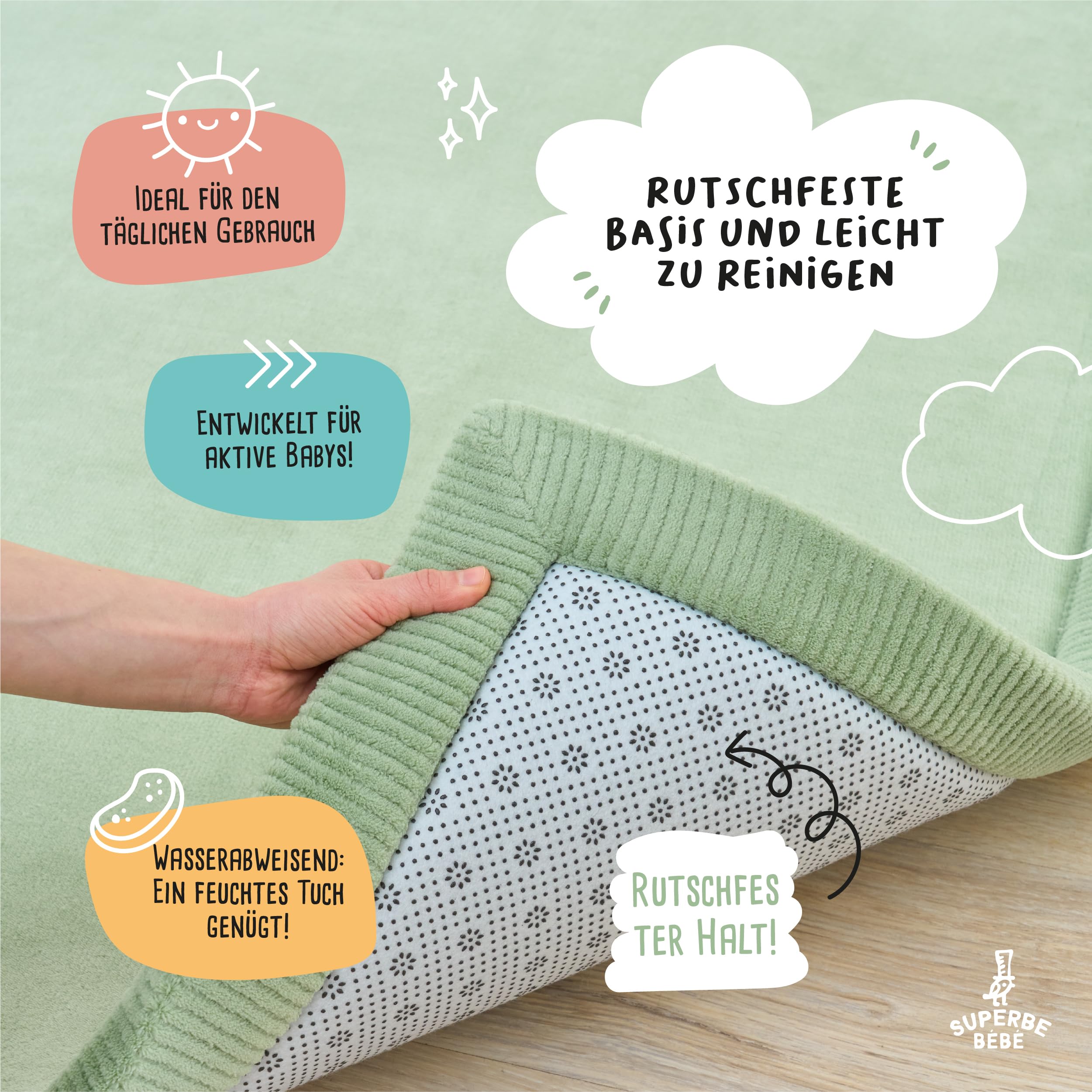 SUPERBE BEBE – Baby Spiel- und Krabbelmatte 150 × 200 × 2,5 cm – Dick und stoßdämpfend – Ungiftiger Memory-Schaum mit Oeko-Tex-Zertifizierung – Spielmatte für Baby- und Kinderzimmer – Elegantes Design