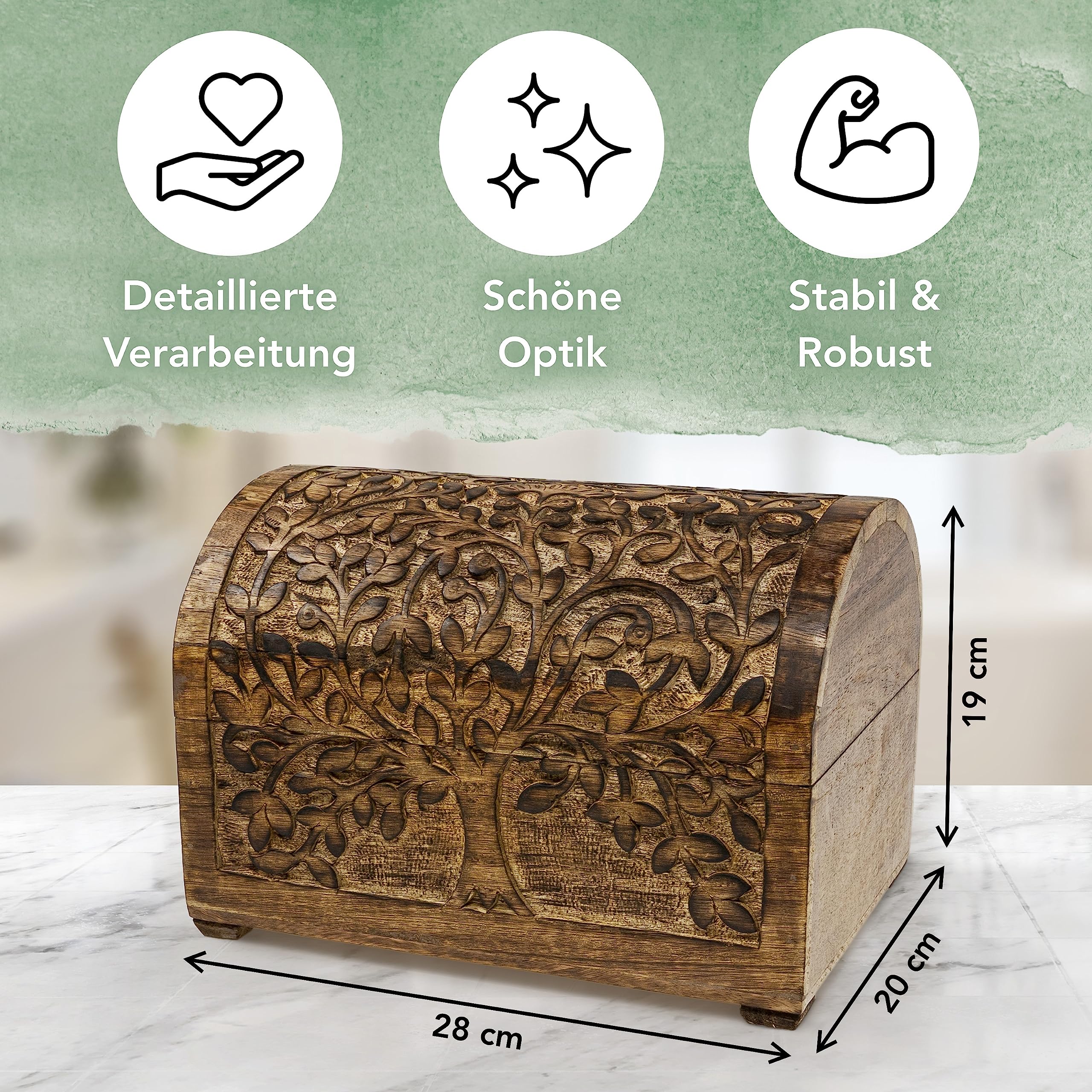 Schatztruhe robuste Schatzkiste Holz „Baum des Lebens“, 28 x 20 x 19 cm, massives Mangoholz, in Handarbeit gefertigt