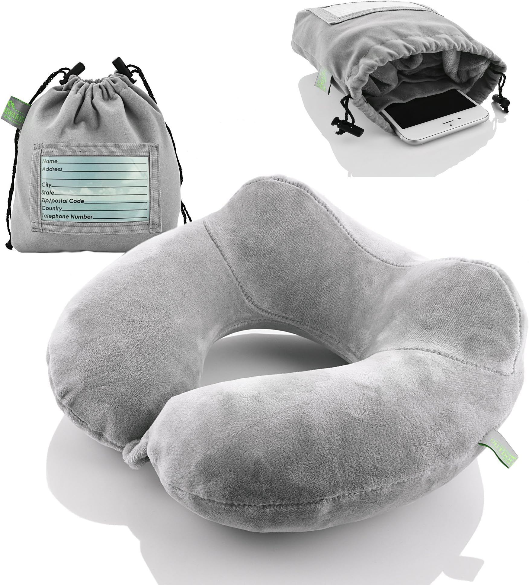Inflatable Travel Neck Pillow: Extra-Soft, Cushion. For Airplanes, Trains, Cars, Portable Travel Accessory-With Carrying Pouch For cell phone and Passport Etc. (Grey)