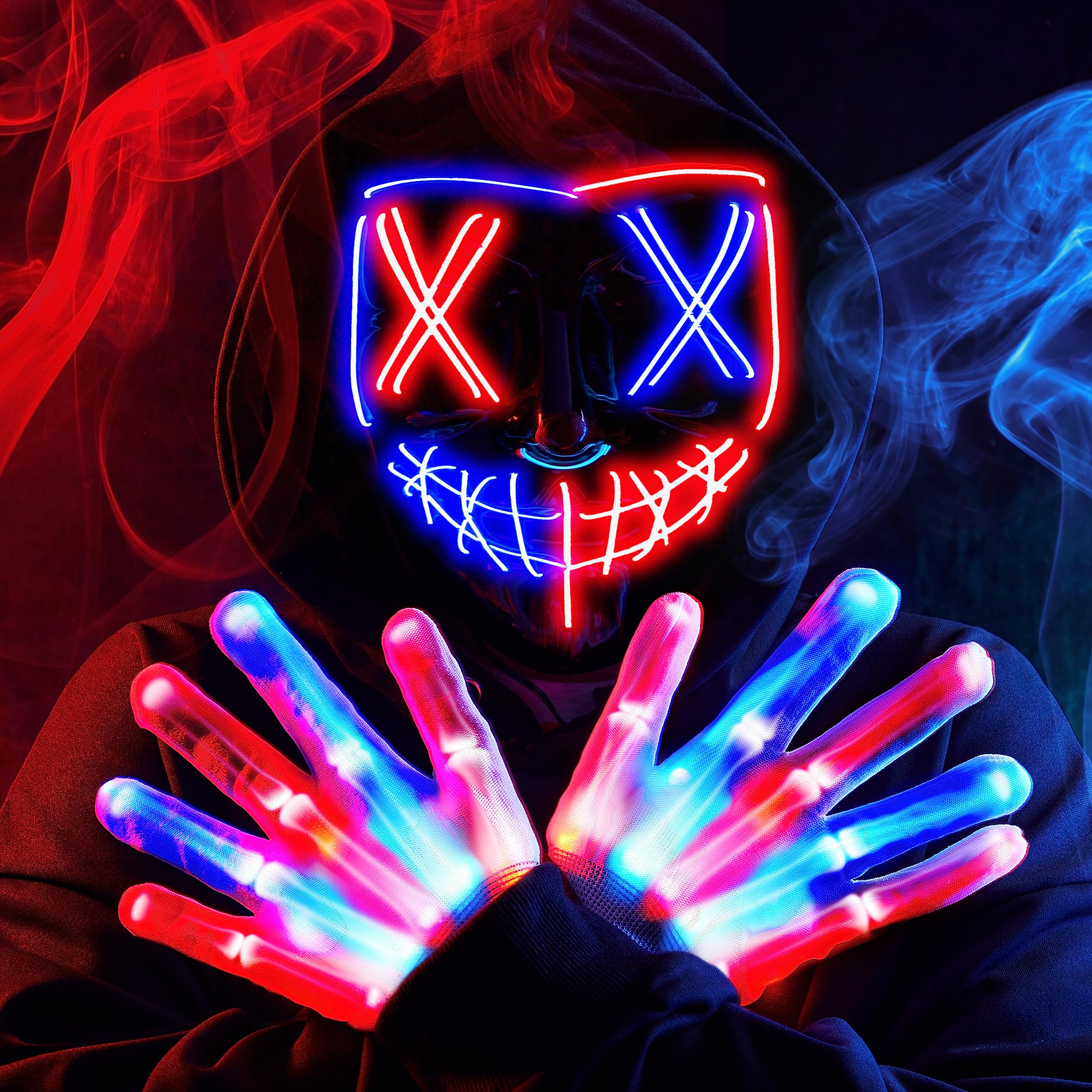 JOYIN Halloween Led Mask, Light Up Mask and Gloves for Cosplay Costume (Red &amp; Blue), 3 Modes Scary Glow in The Dark Masks for Boys Girls Halloween Party Dress Up Accessories, Gifts Giving