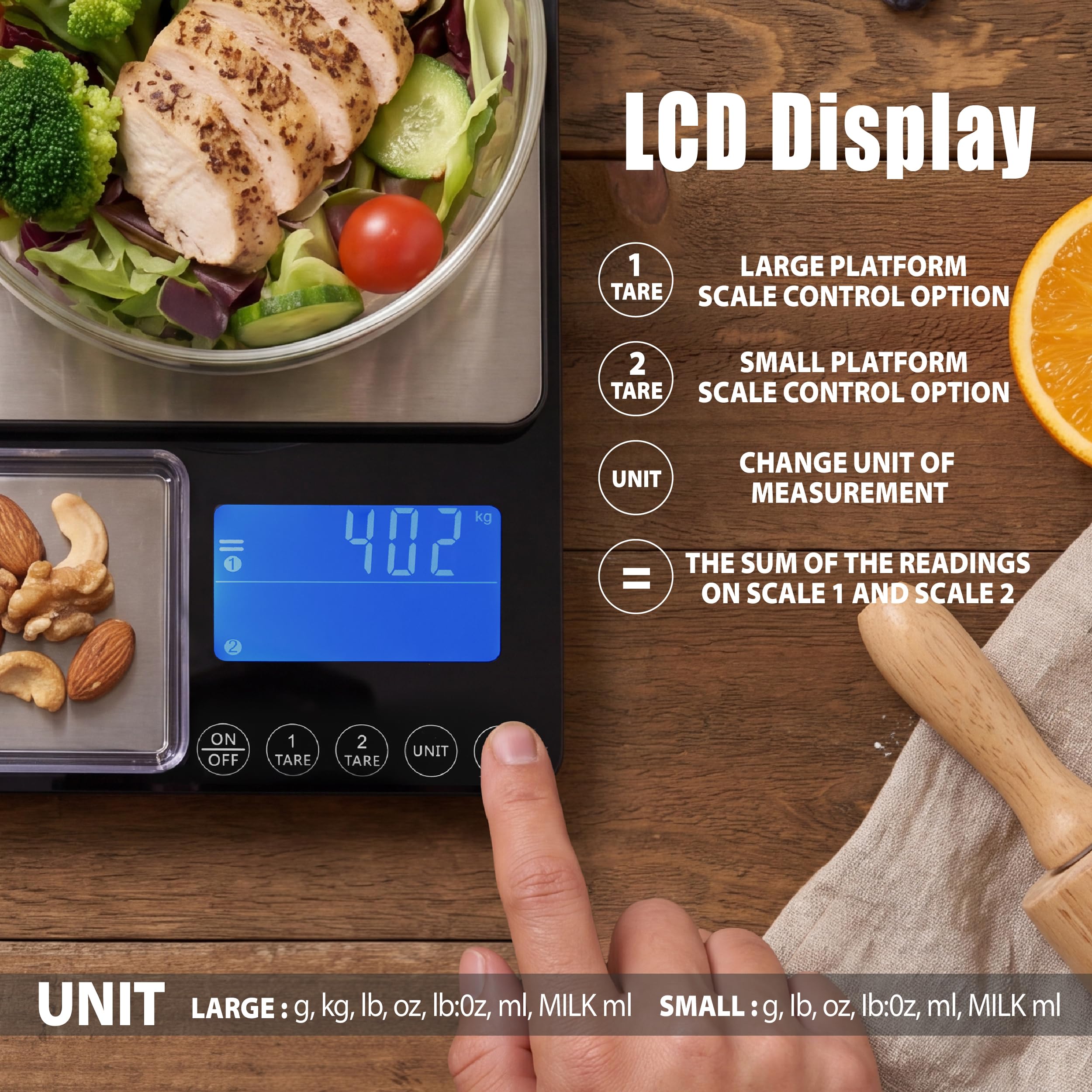 Balance de cuisine à double plateforme, balance alimentaire numérique avec double affichage, deux en un pour poids lourd et précis, 0,01 g, acier inoxydable, 7 unités de tare, pour pâtisserie