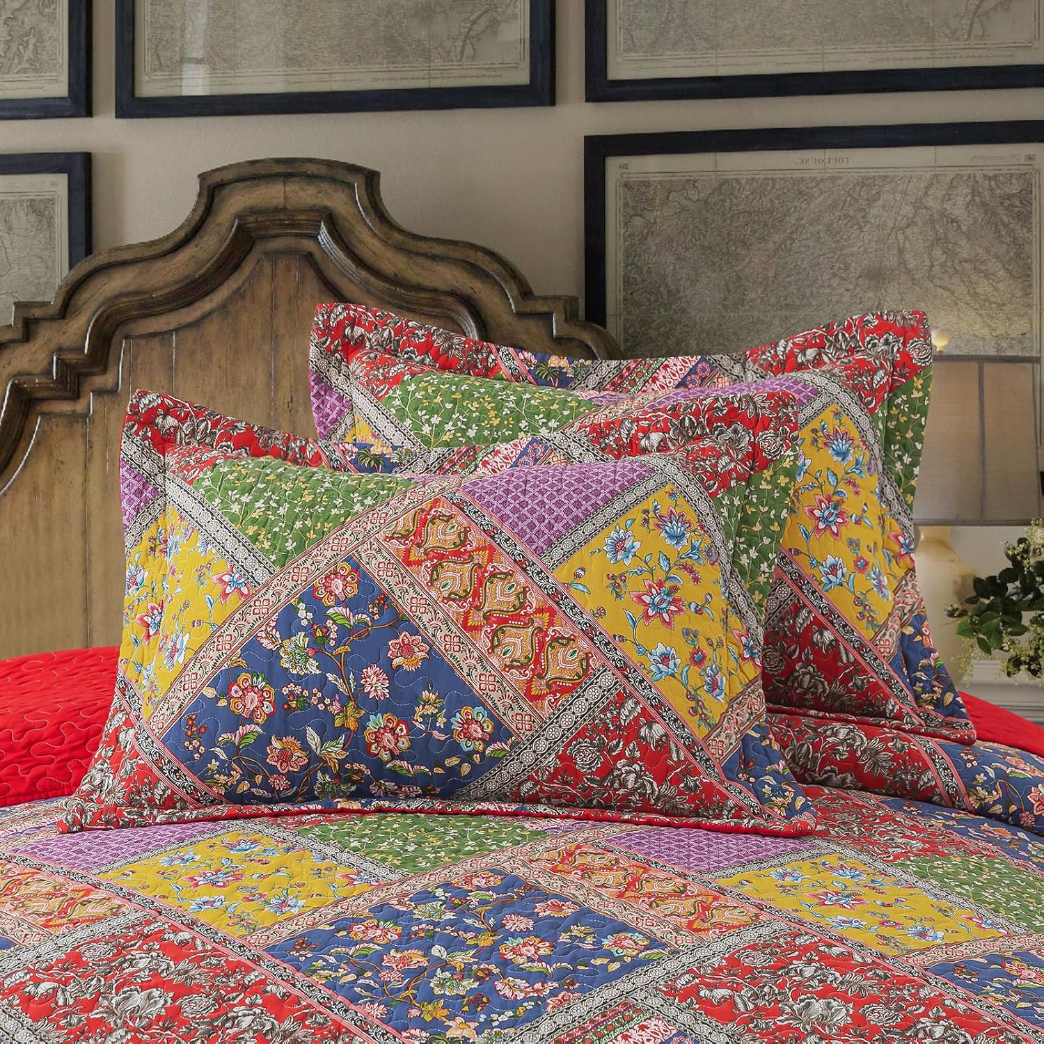 BEDIFANY Cotton Queen Quilt Set - Vintage Farmhouse Bedspread with Vibrant Floral Pattern, 3-Piece Lightweight Coverlet (90x98 Inch) + 2 Pillow Shams, All Seasons Multicolor Quilt Bedding Set - Image 6