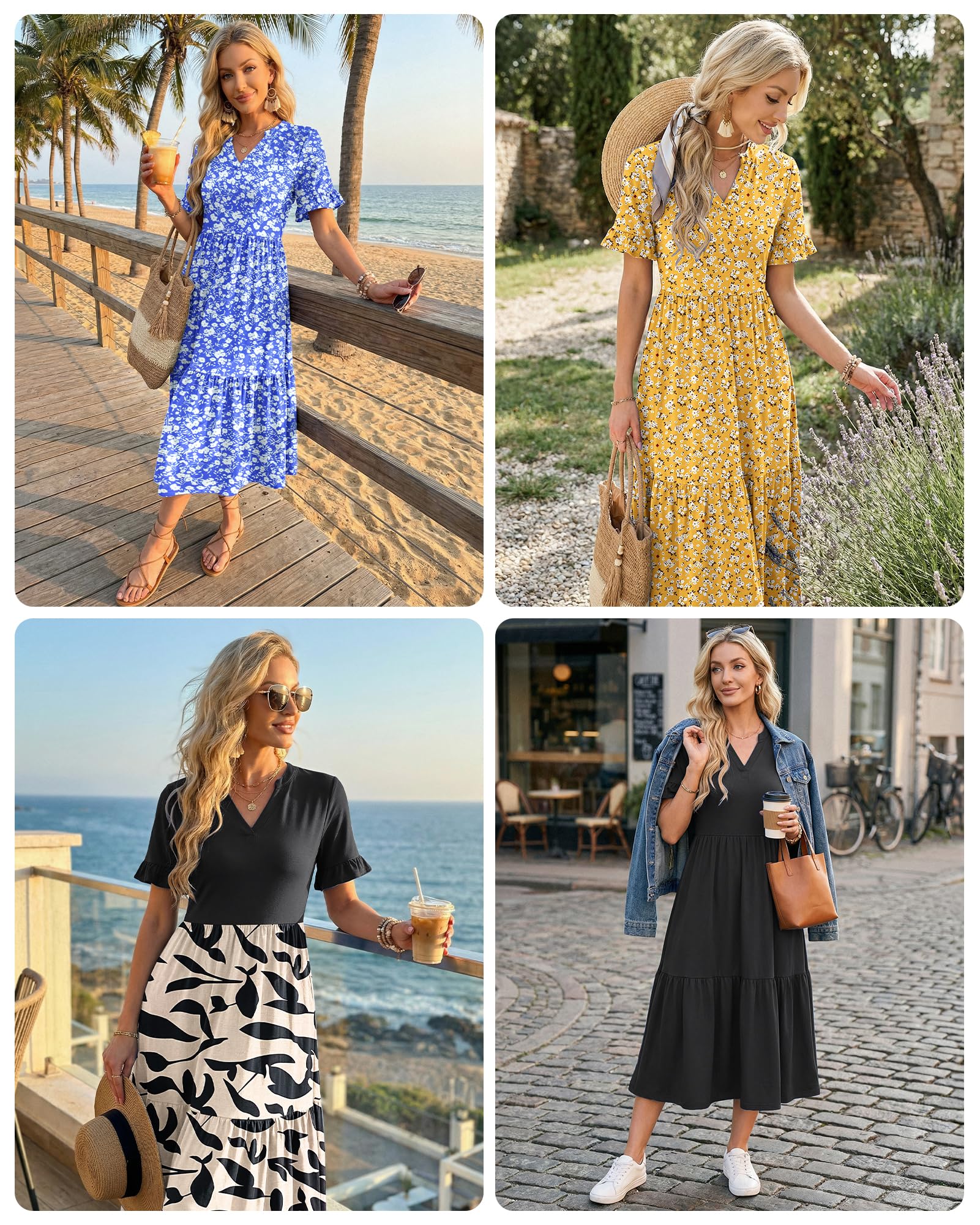 AUSELILY Robe Longue Femme Col en V à Manche Courte à Volants Robe de Plage Femme Ete Chic et Elegant Fluide Legere avec Taille Empire Poches