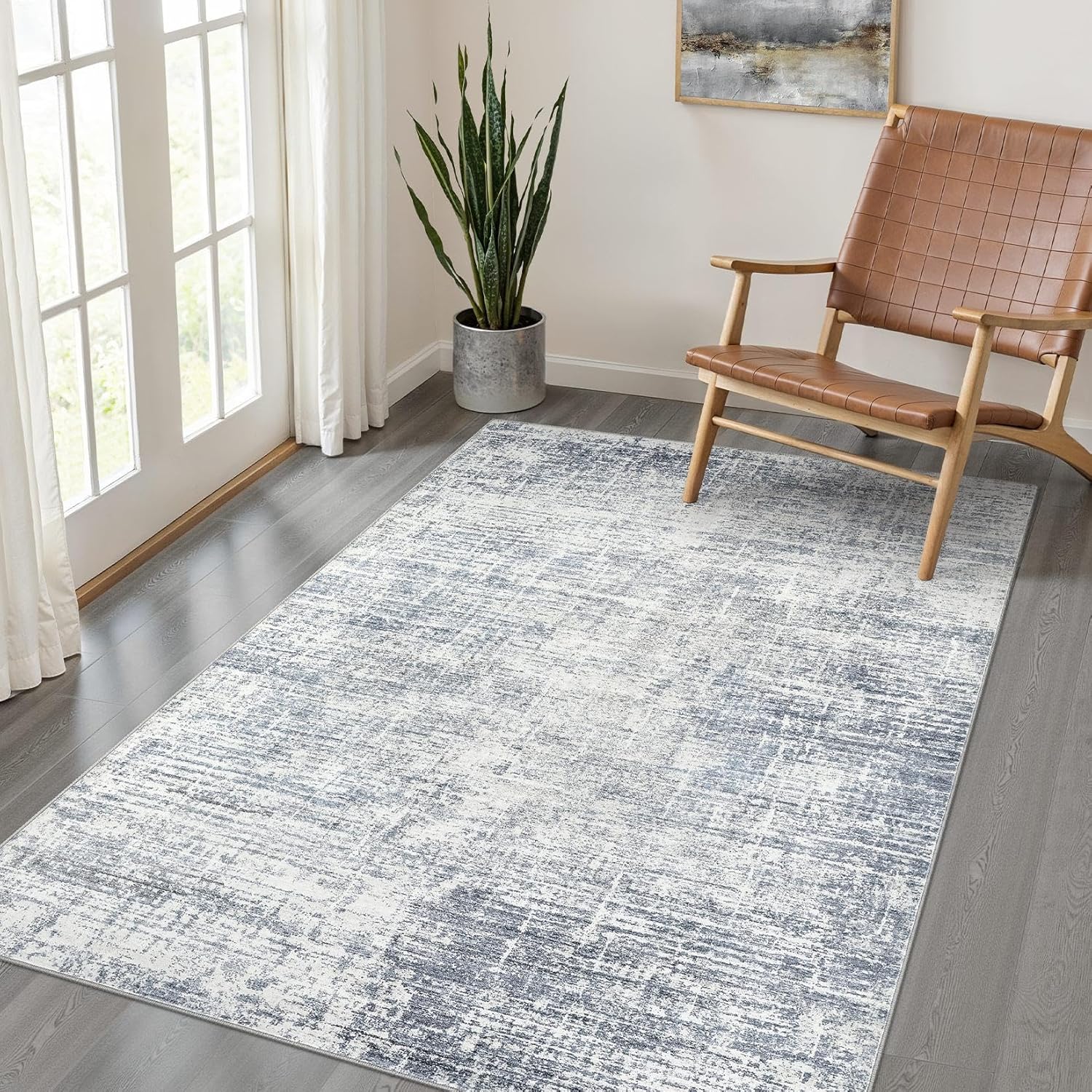 4x6 Rug Washable Area Rugs: Neutral Abstract Soft Modern Stain Resistant Small Indo...