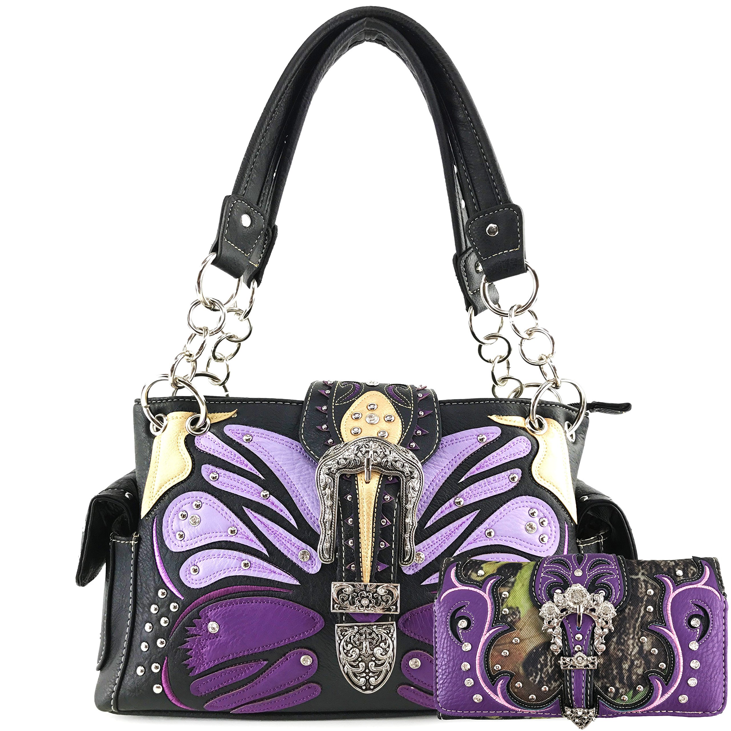 Justin West Abstract Butterfly Buckle Black Conceal Carry Handbag