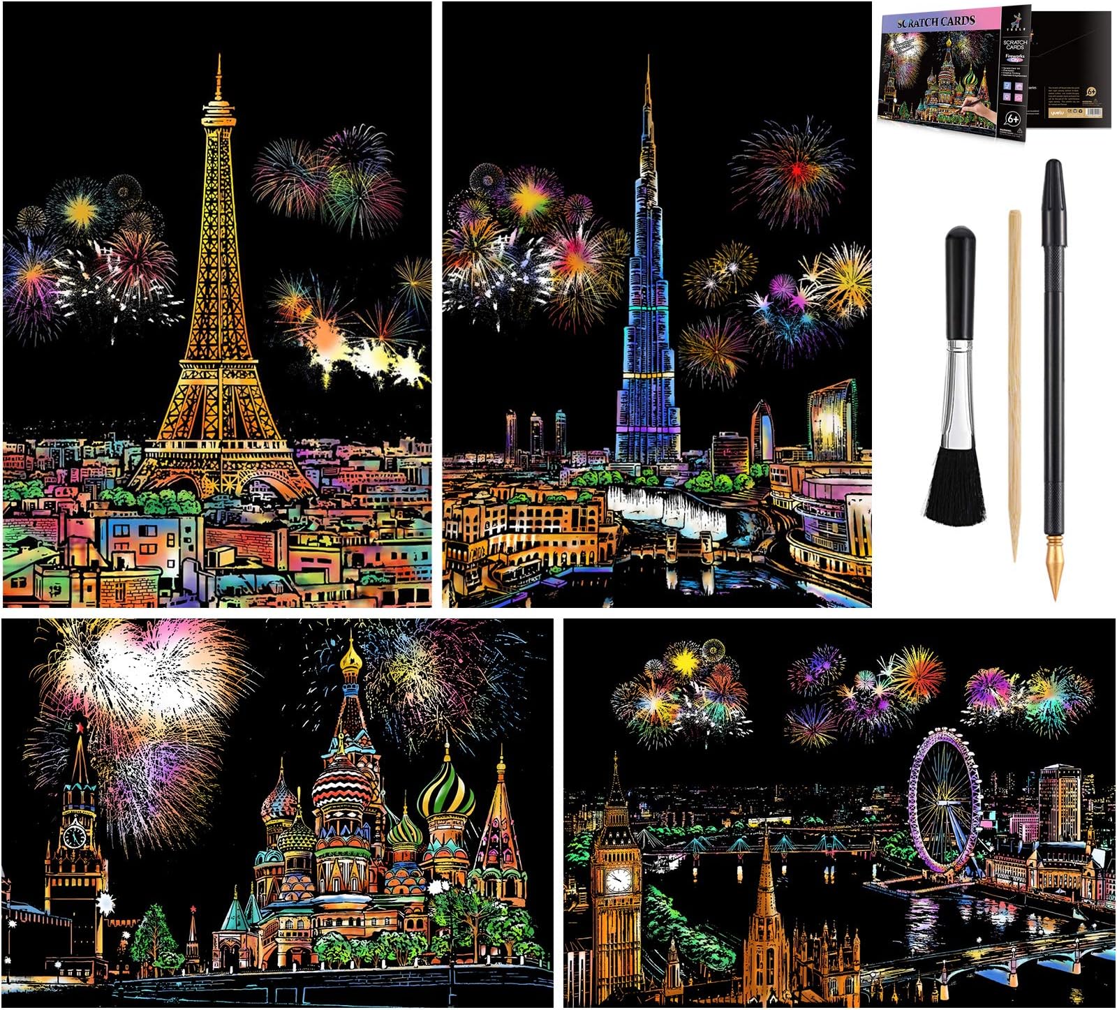 Rainbow Scratch Art Painting Paper (A4) for Adult & Kids, Night View Scratchboard, Engraving Art Set: 4 Sheets Scratch Cards & Clean Brush, Drawing Pen (Eiffel Tower / Big Ben / Moscow / Burj Khalifa)