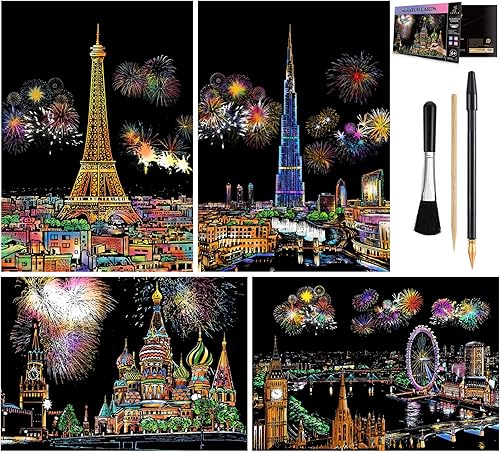 Papel de pintura de arco iris (A4) para adultos y niños, pizarra de vista nocturna, juego de arte de grabado 4 hojas de tarjetas para rascar y