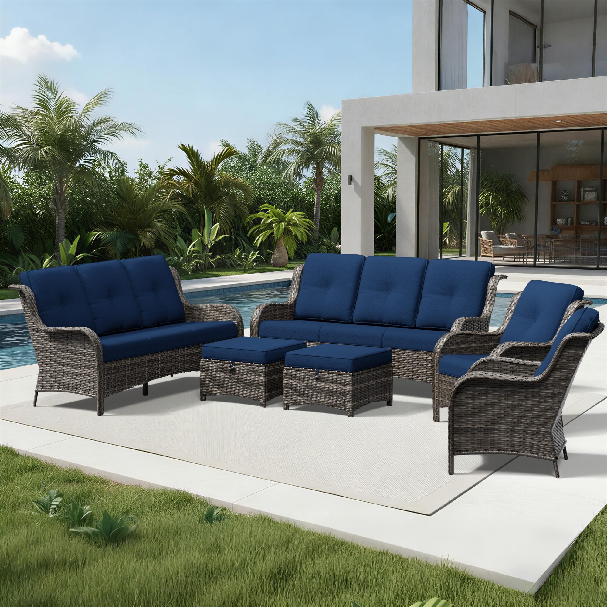 Joyside 6 Piece Wicker Patio Furniture Set, Rattan Patio Chairs with High Back, Deep Seating, Wide Armrest, Thickened Cushions, Outdoor Furniture for Deck, Porch Use