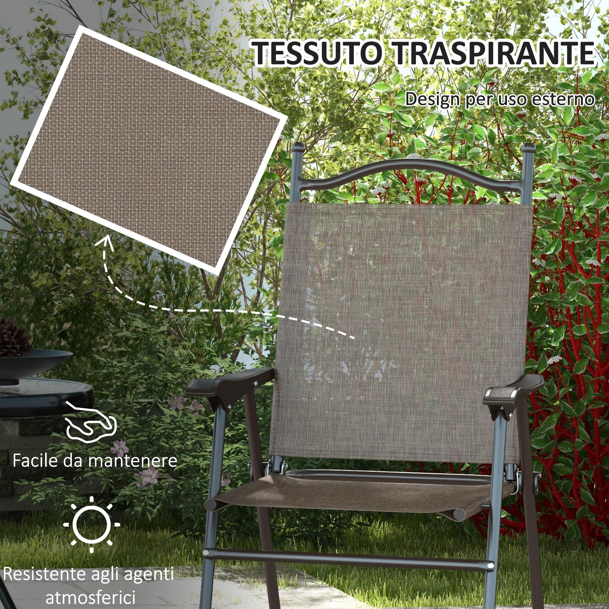 Outsunny Set di 2 Sedie da Giardino Pieghevoli, Sedie da Esterno con Braccioli e Seduta in Tessuto Traspirante, Marrone