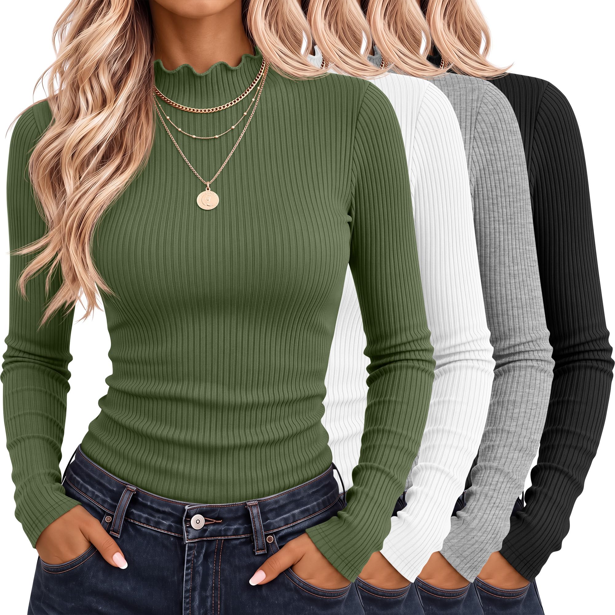 Riyiper 4 Pack Womens Cotton Mockneck Ribbed Long Sleeve Tops