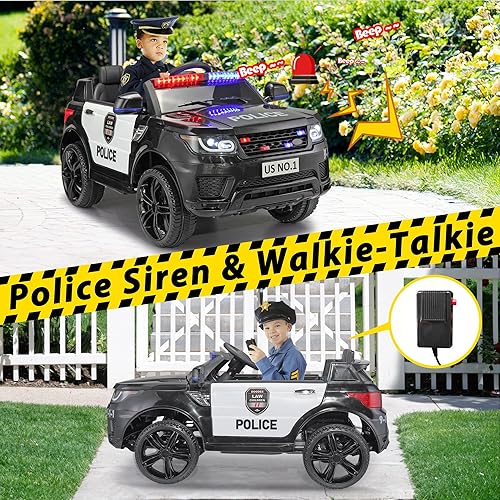 Miniatura 5 de TOBBI Automóvil de policía eléctrico de 12V para niños, con control remoto para padres, sirena, luces intermitentes, Bluetooth, música, suspensión