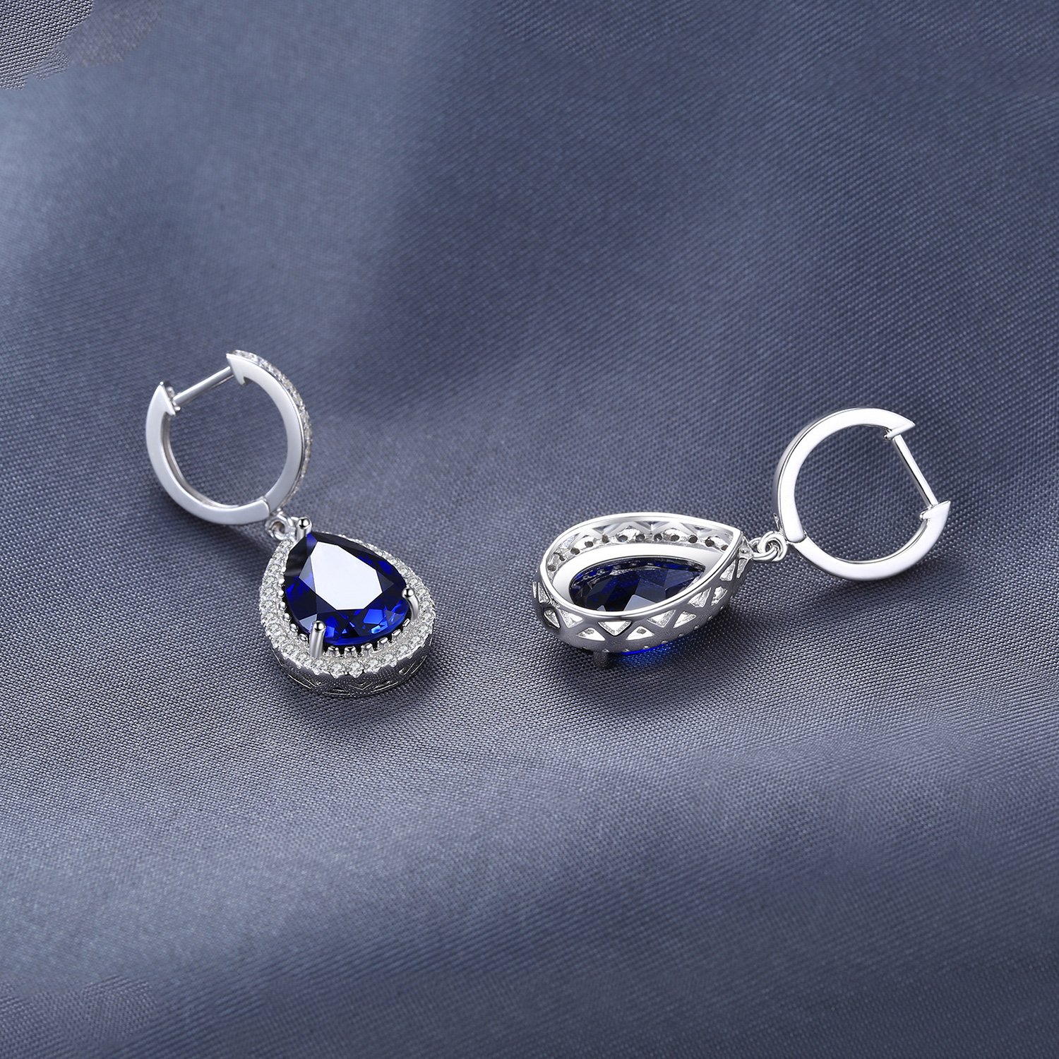 JewelryPalace Halo Pendientes Colgantes Mujer Plata Oro 14k Oro Rosa, Pendientes de Gota con 12.4ct Zafiro Azul Creado Corte Pera, Pendientes Largos Niña con Piedras, Joyas Mujer