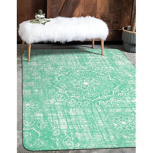 Lahome Vintage Medallion Area Rug - 3'x5' Washable Non-Slip Distressed Area Rug Small Accent Throw Rugs Floor Carpet for Door Mat Entryway Bedrooms Laundry Room Decor (3’ X 5’, Aqua)