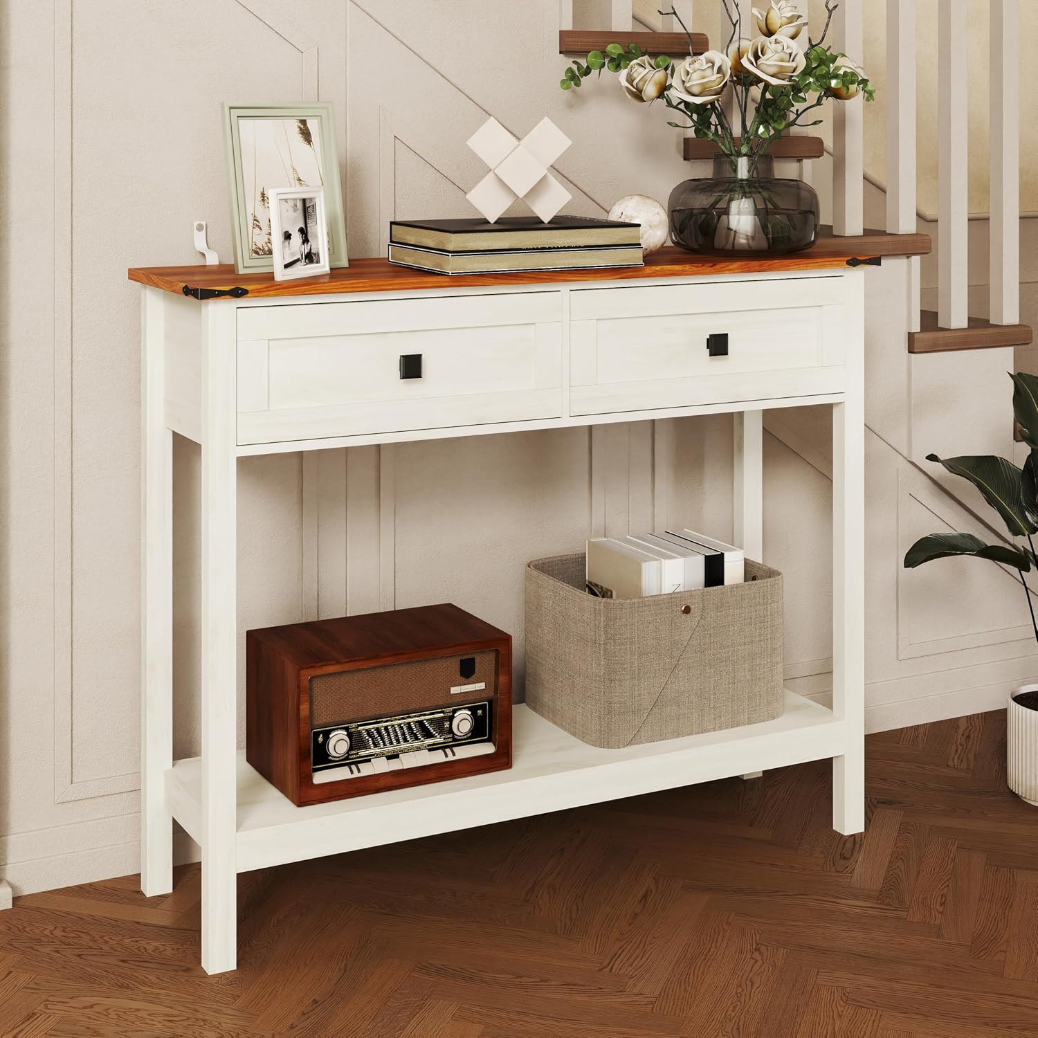 Farmhouse Console Table, Entryway Table with 2-Drawers and Open Storage Shelf for Hallway, Narrow Sofa Table Behind Couch, Antique White