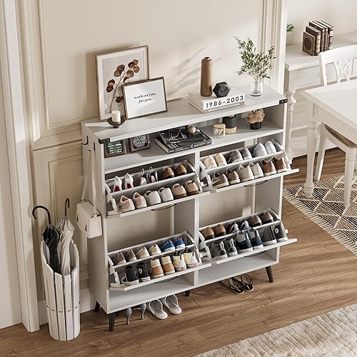 Miniatura 14 de Zapatero con 2 cajones abatibles y almacenamiento abierto, armario de almacenamiento de zapatos de granja para entrada, estante organizador estrecho