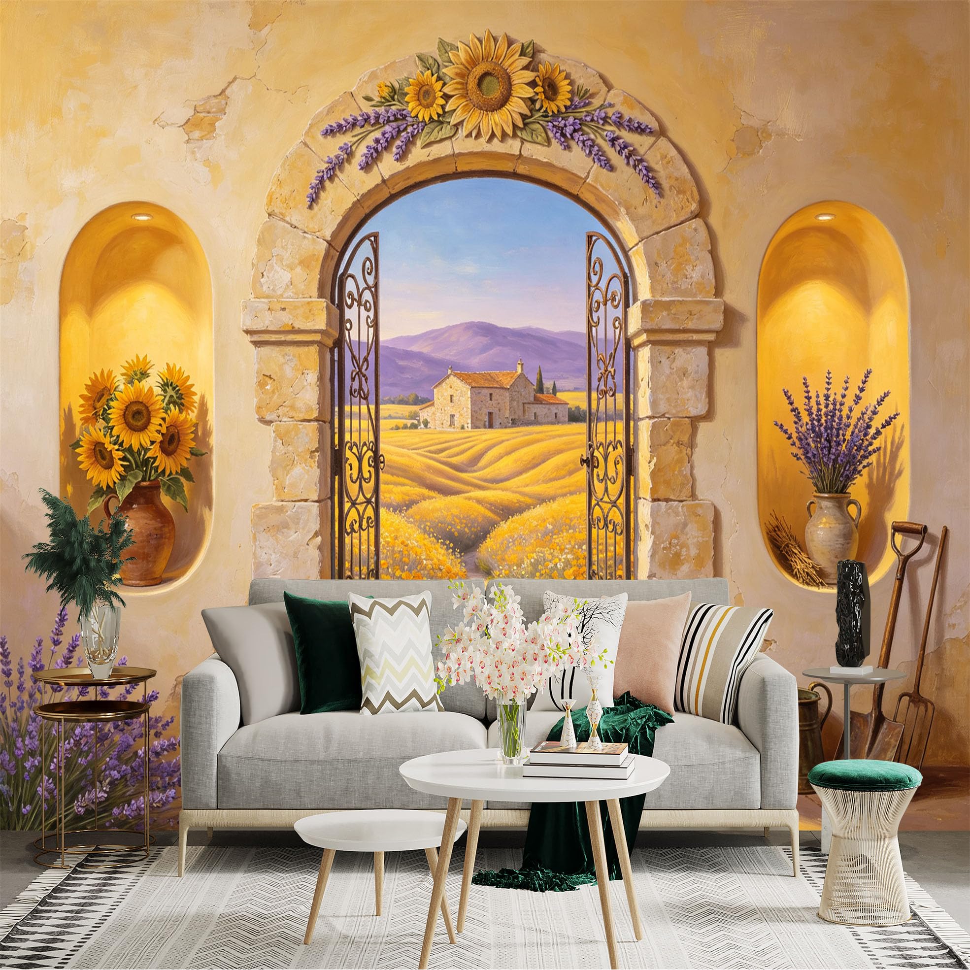 Custom Size Wall Sticker Mural， Rustic Stone Archway， Sunflower and Lavender Field， Countryside Farmhouse Landscape， for wall Decoration， peelandstick wall Decals.