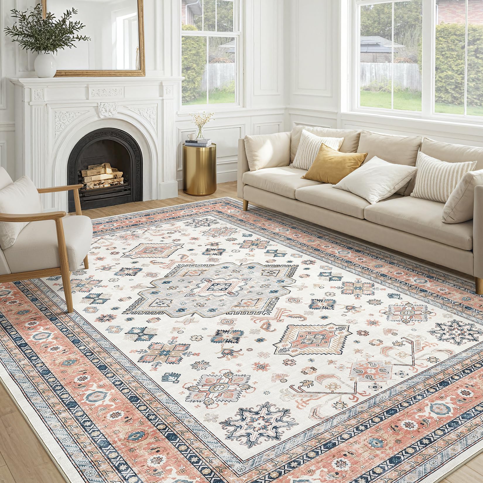 cotiled 8x10 Area Rug for Living Room, Washable, Traditional, Coral Pink