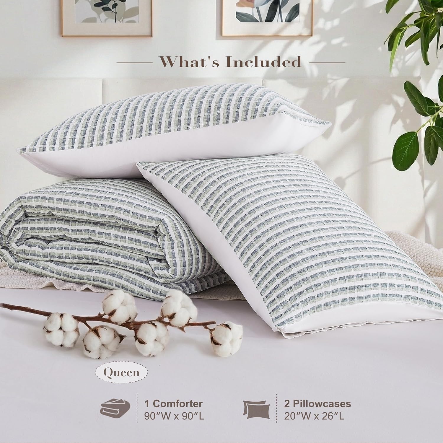 Oli Anderson 100% Cotton Waffle Comforter Set Queen Size, 3 Pieces Lightweight Breathable All Season Bed Comforter, Soft Skin-Friendly Blanket for Bedroom Guest Room, Machine Washable, Green