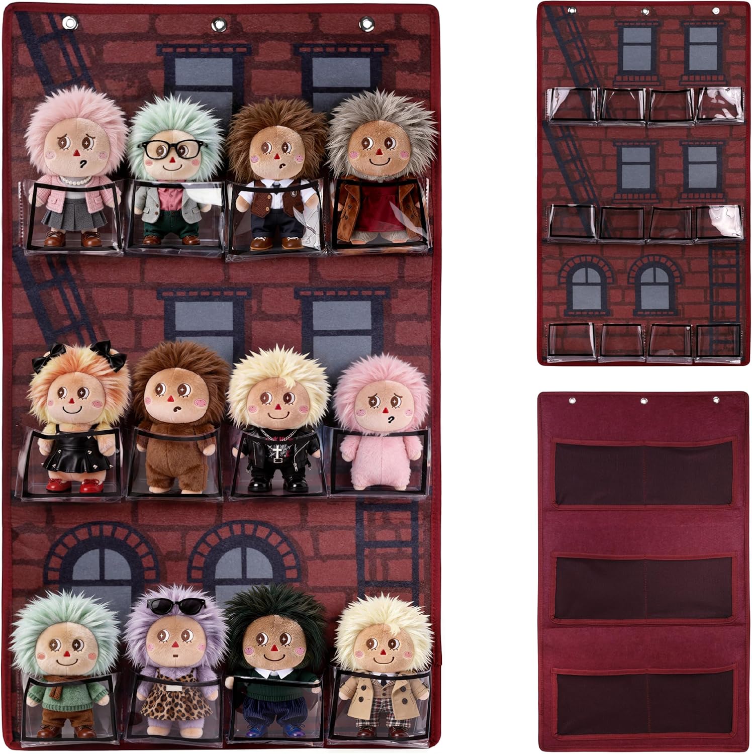 Hanging Display Storage Compatible with Labubu Dolls (Doll Not Included), Plush Display Case with 12 Clear Pockets, Red Brick Apartment with Fire Escape Wall Stuffy Storage for Plushies