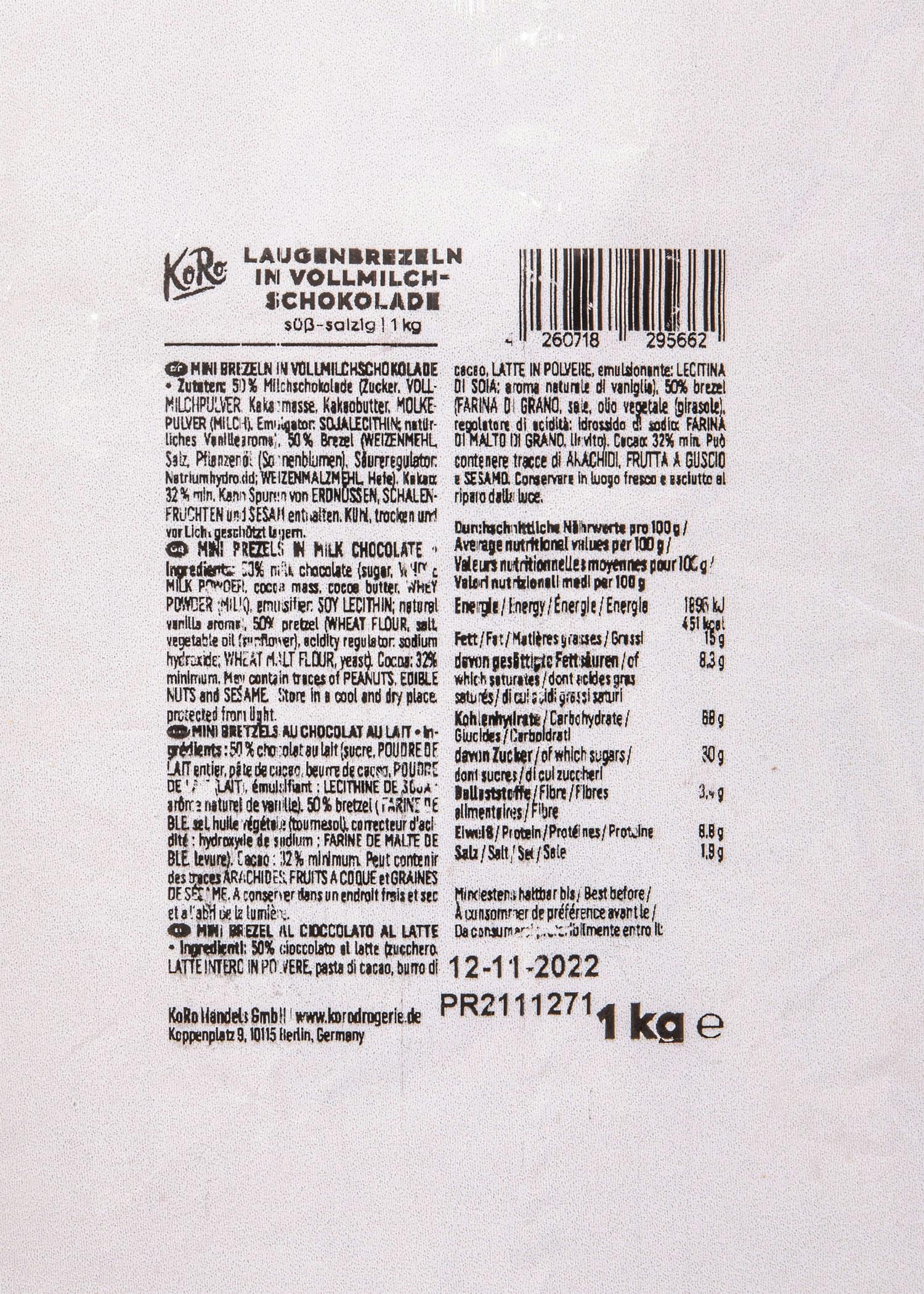 KoRo - Bretzels au chocolat au lait 1 kg - Le sucré rencontre le salé - Biscuits salés croquants, enrobés de chocolat onctueux - Le snack pour les fêtes et les soirées cinéma