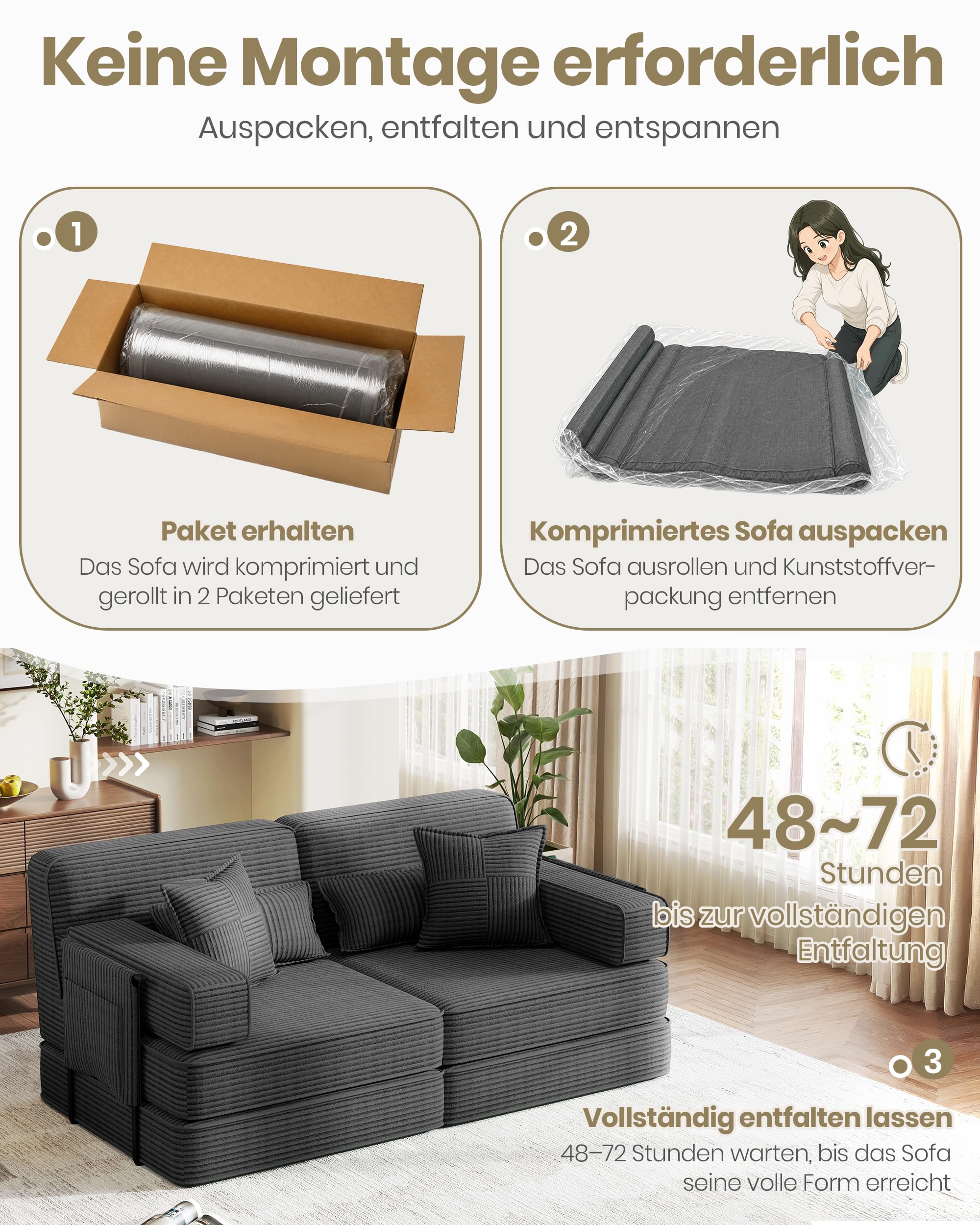 Schlafsofa 190 cm Breit, Modulares Bodensofa, Boneless Couch mit Hoher Rückenlehne, 2-Sitzer Vollschaum Sofa aus Cord, 5-in-1 Klappsofa mit Schlaffunktion zum Gästebett, Grau