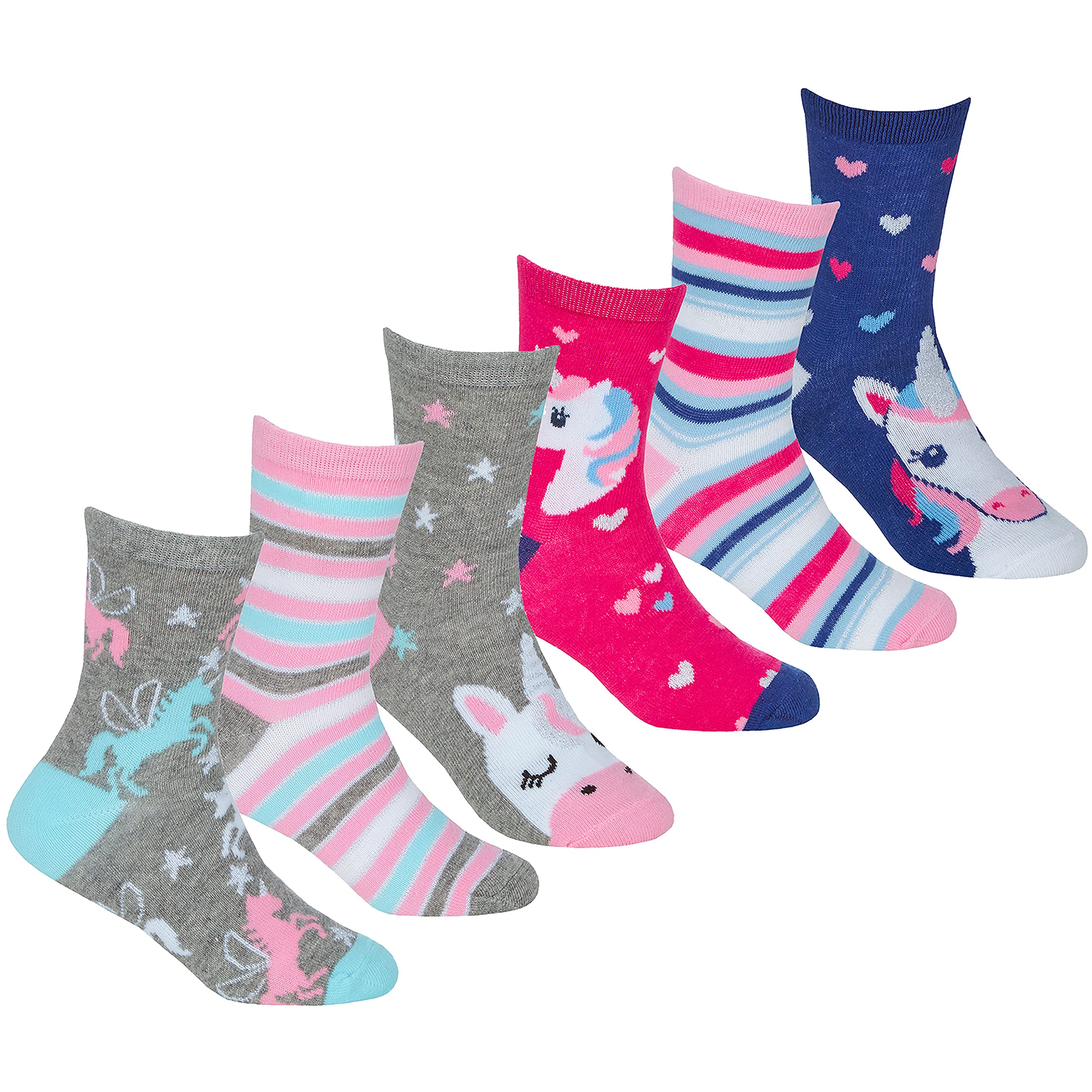Metzuyan 6 Pairs Kids Girls Cotton Rich Novelty Socks Unicorn Designed Grey Unicorn Size 12.5-3.5