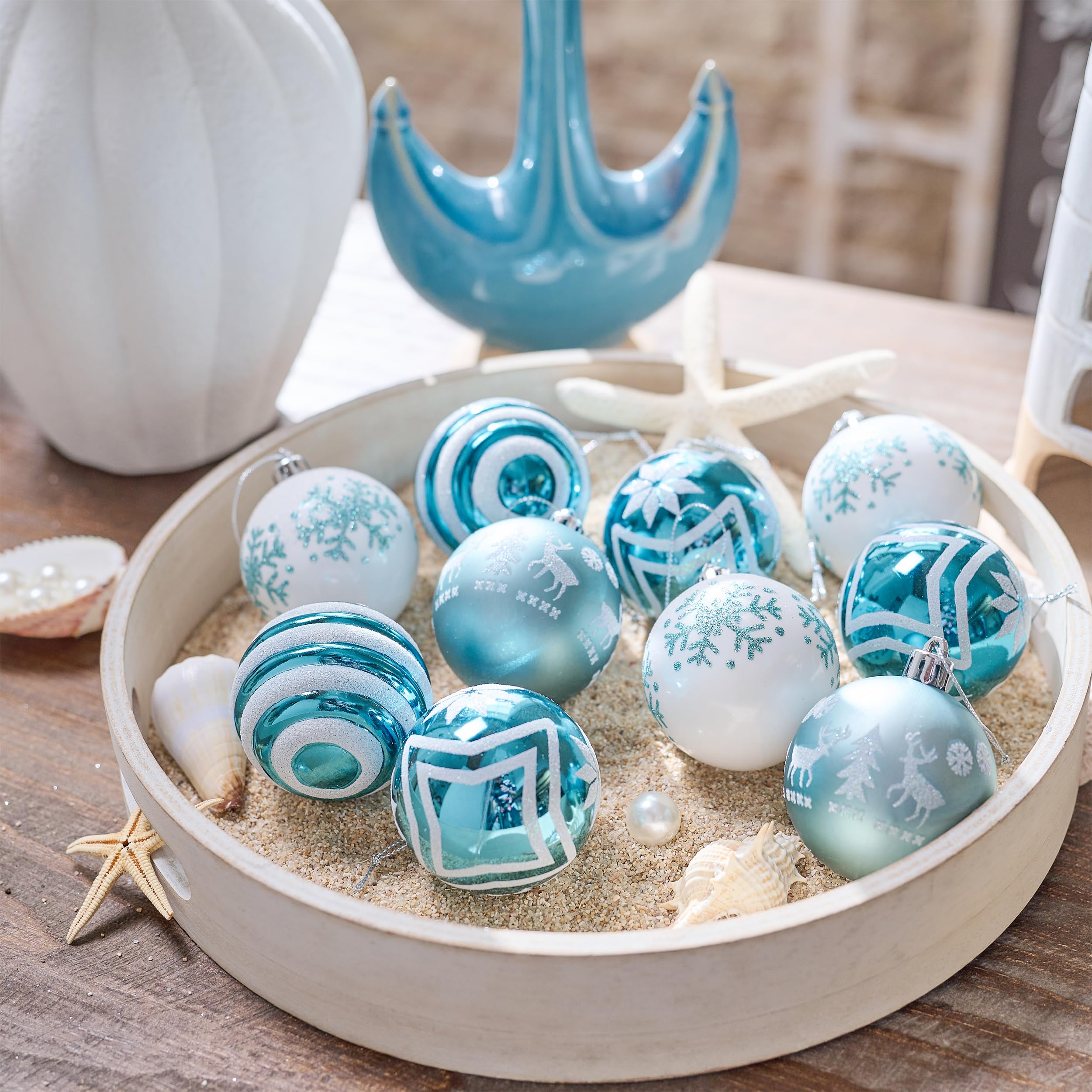 Valery Madelyn Summer Beach Ornaments Tree Decorations Set, 24ct Light Blue and Silver Shatterproof Christmas in July Balls Bulk, 2.36 Inch Coastal Ocean Nautical Marine Hanging Holiday Party Decor