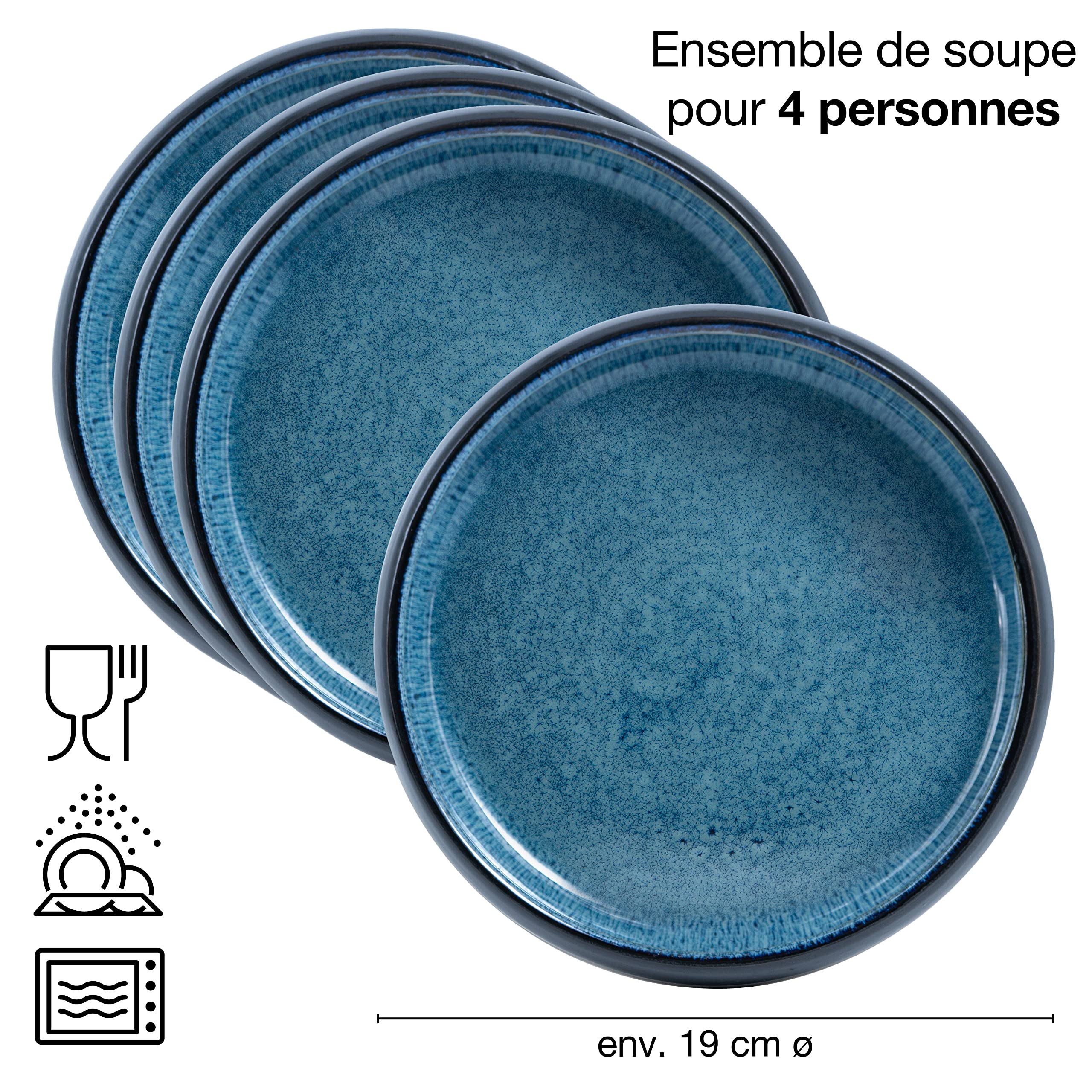 Moritz & Moritz Solid Lot de 4 assiettes creuses en grès 19 cm - Bol en grès pour soupe, pâtes, salade ou céréales