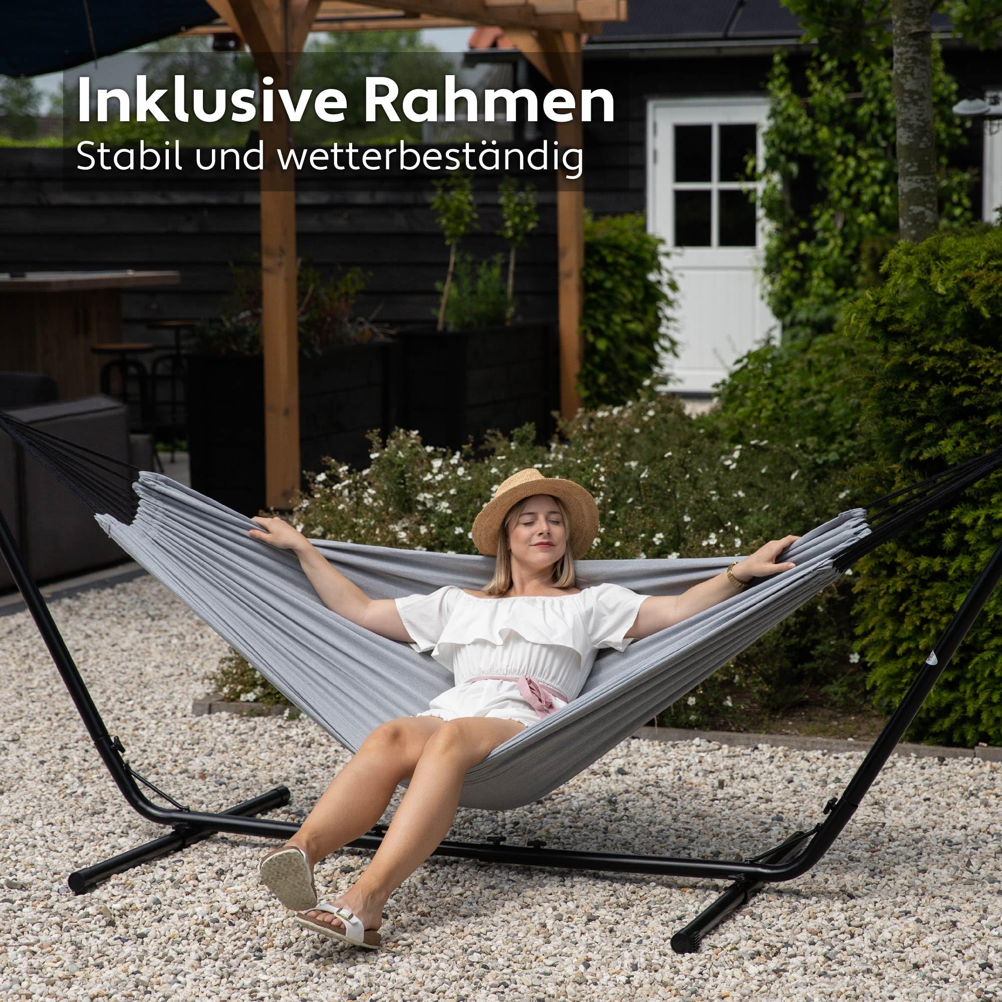 Vita5 Hängematte mit Gestell – Extra Große Hängematte aus 80% Baumwolle & 20% Polyester für Garten, Balkon, Terrasse und Camping – inkl. Tragetasche