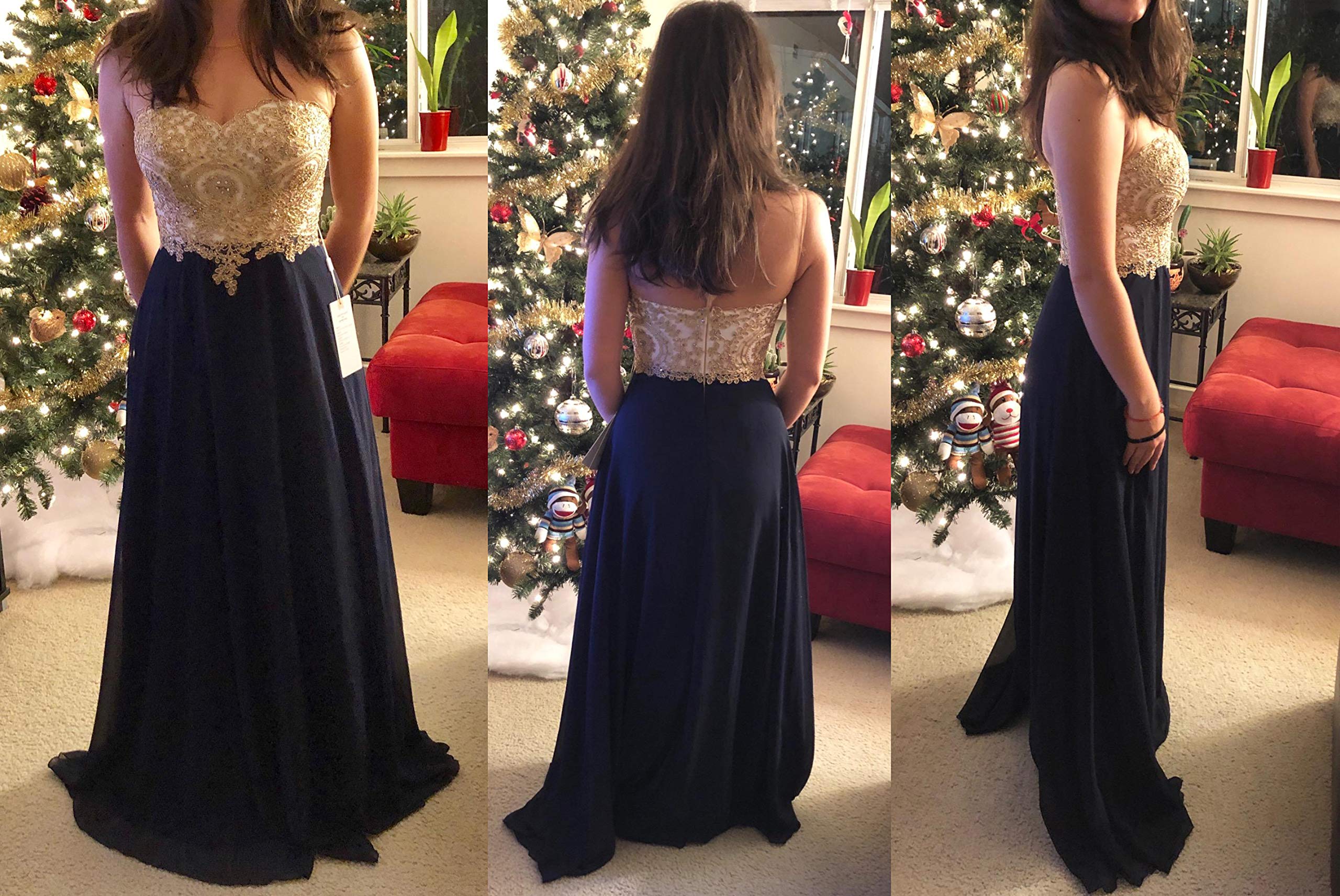 Misshow Robe de Gala Cocktail Longue avec Appliques Florale Sexy Chic Elégante pour Mariage sans Manches