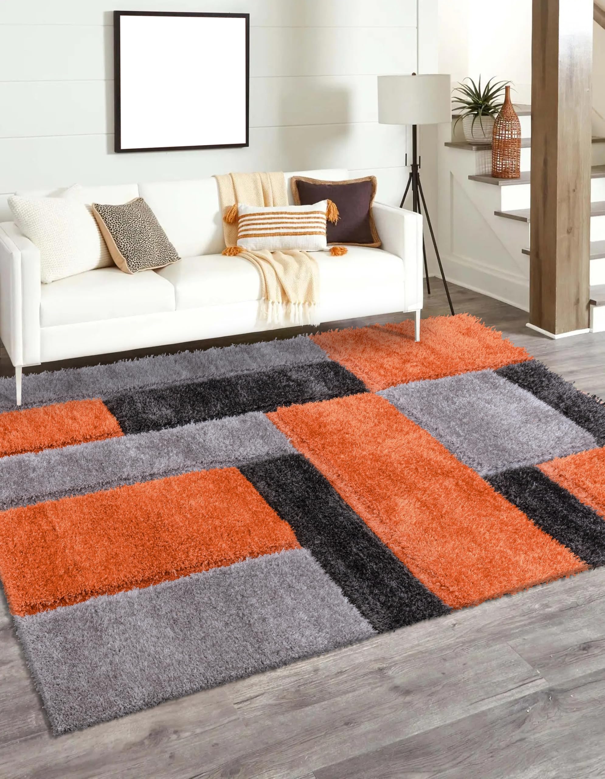 3D Modern Shaggy Area Rug – Geometric Design Pattern – Soft Thick High Pile Carpet for Living Room, Bedroom, Floor Mats Small Door Mats (Orange, 200 x 290 cm (6.56 x 9.51 ft))