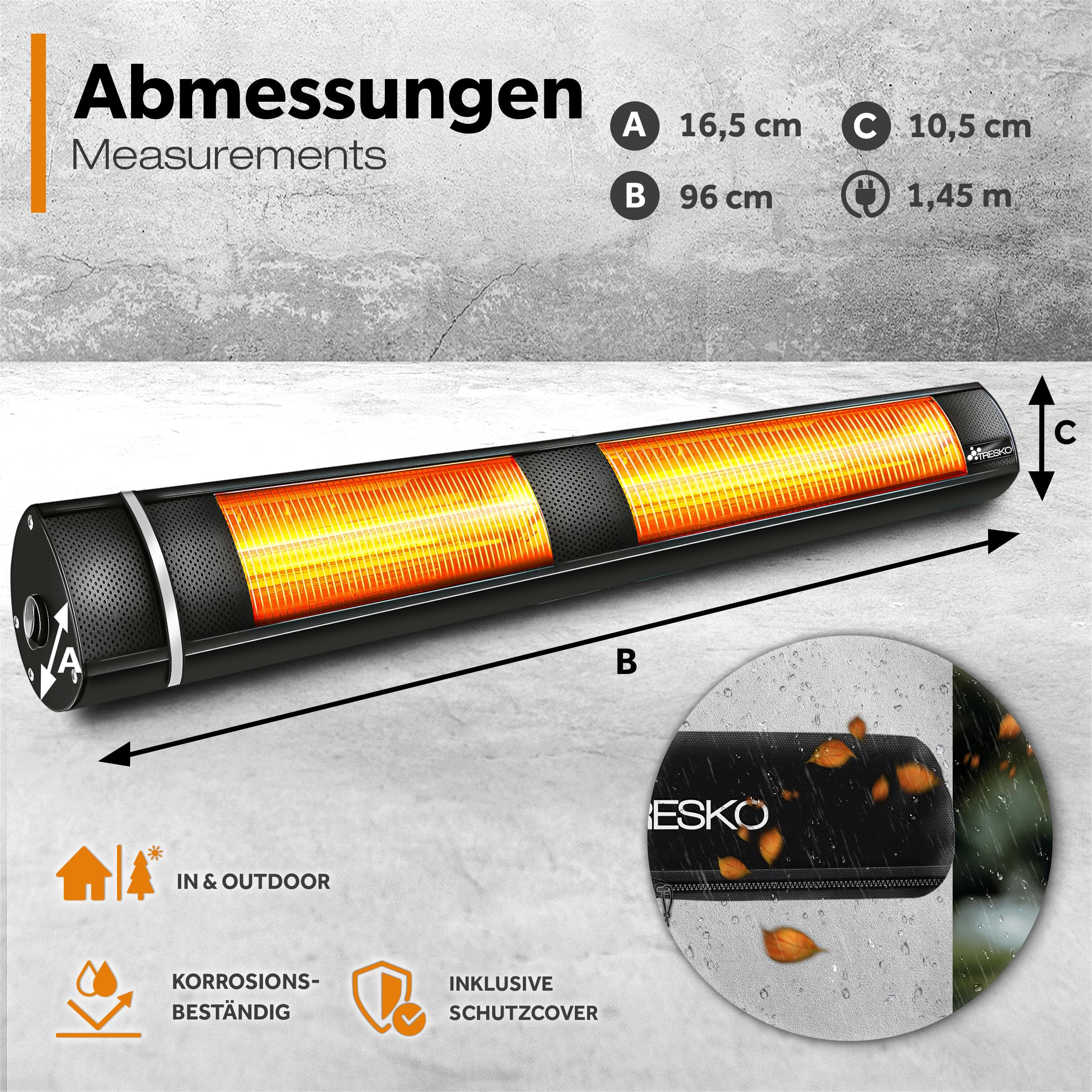 TRESKO Infrarot Heizstrahler 3000W mit Fernbedienung | Wärmestrahler Terrasse elektrisch mit 3 Heizstufen | Terrassenstrahler Innen & Außen | Wand Infrarotstrahler Wickeltischstrahler