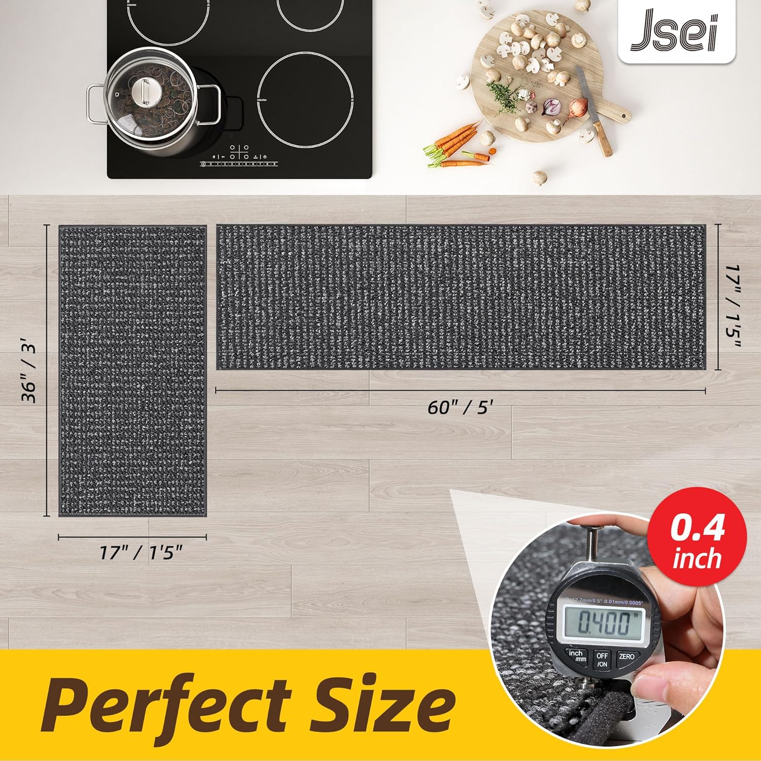 JSEI 17''x30''+17''x60'' Non-Slip Kitchen Runner Rugs, 2PCS Polypropylene Kitchen Mats, Machine Washable Absorbent and Stain Resistant Kitchen Rugs, Carpet Mats with TPR Backing for Kitchen, Charcoal