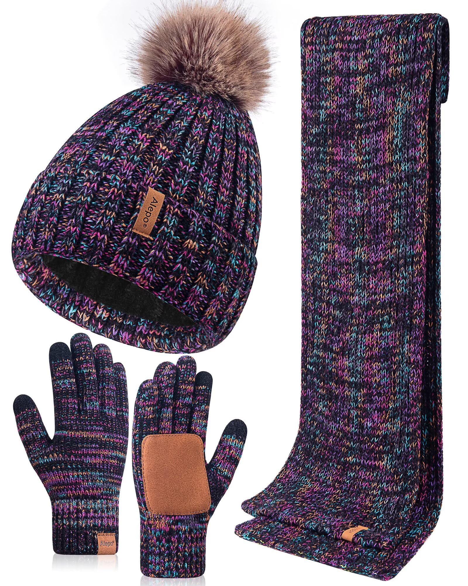 Winter Hat Scarf Gloves Set for Women, Fleece Lined Beanie with Pom Long Neck Warmer Touchscreen Gloves