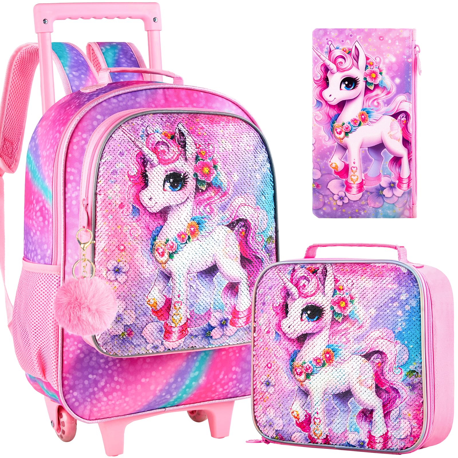 3PCS Rolling Backpack for Girls and Boys， Kids Unicorn Dinosaur Wheeled Bookbag