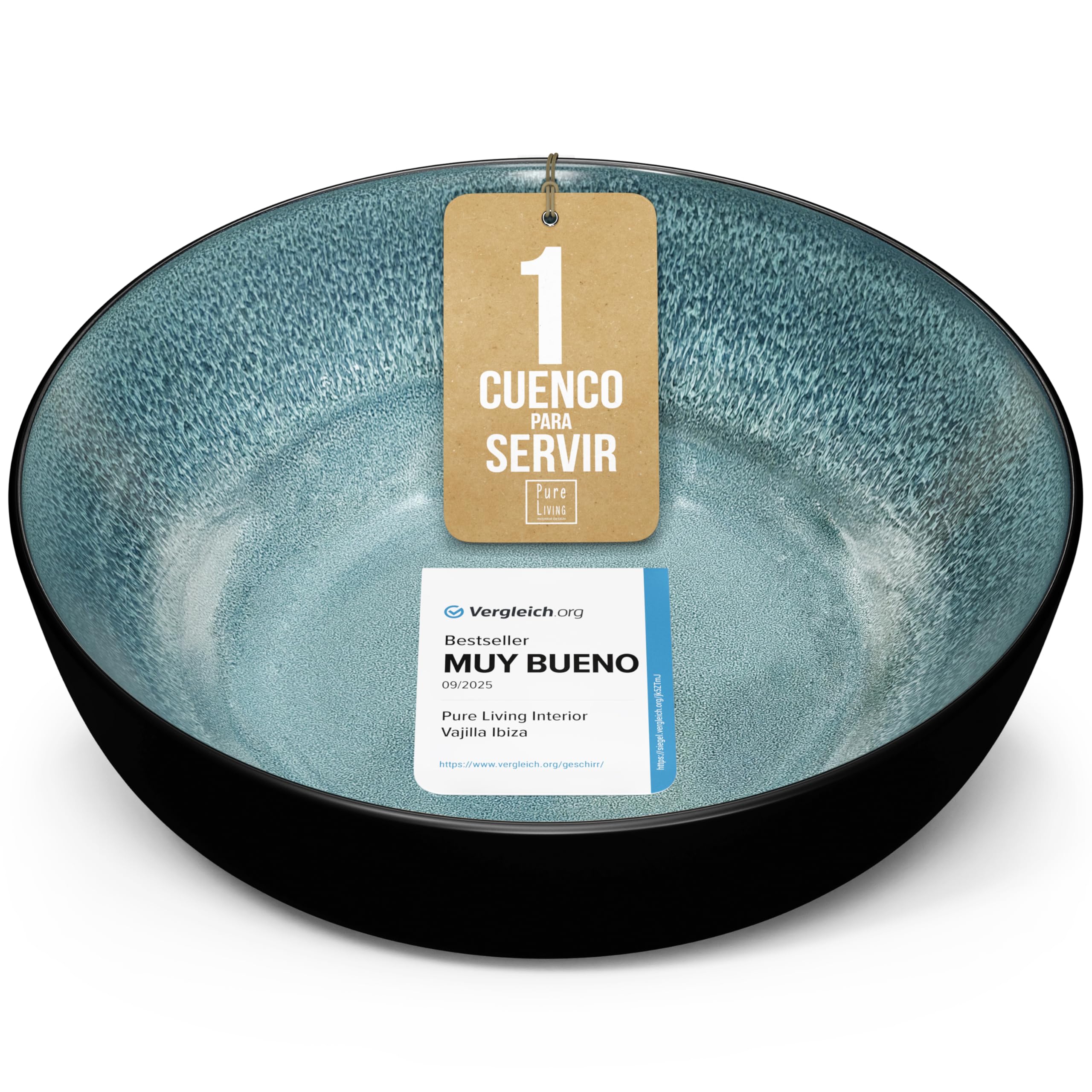 Bol de servicio Ibiza en gres - Ensaladera mediterránea - Apta para lavavajillas y microondas - Bol grande Pure Living en Azul Ahumado