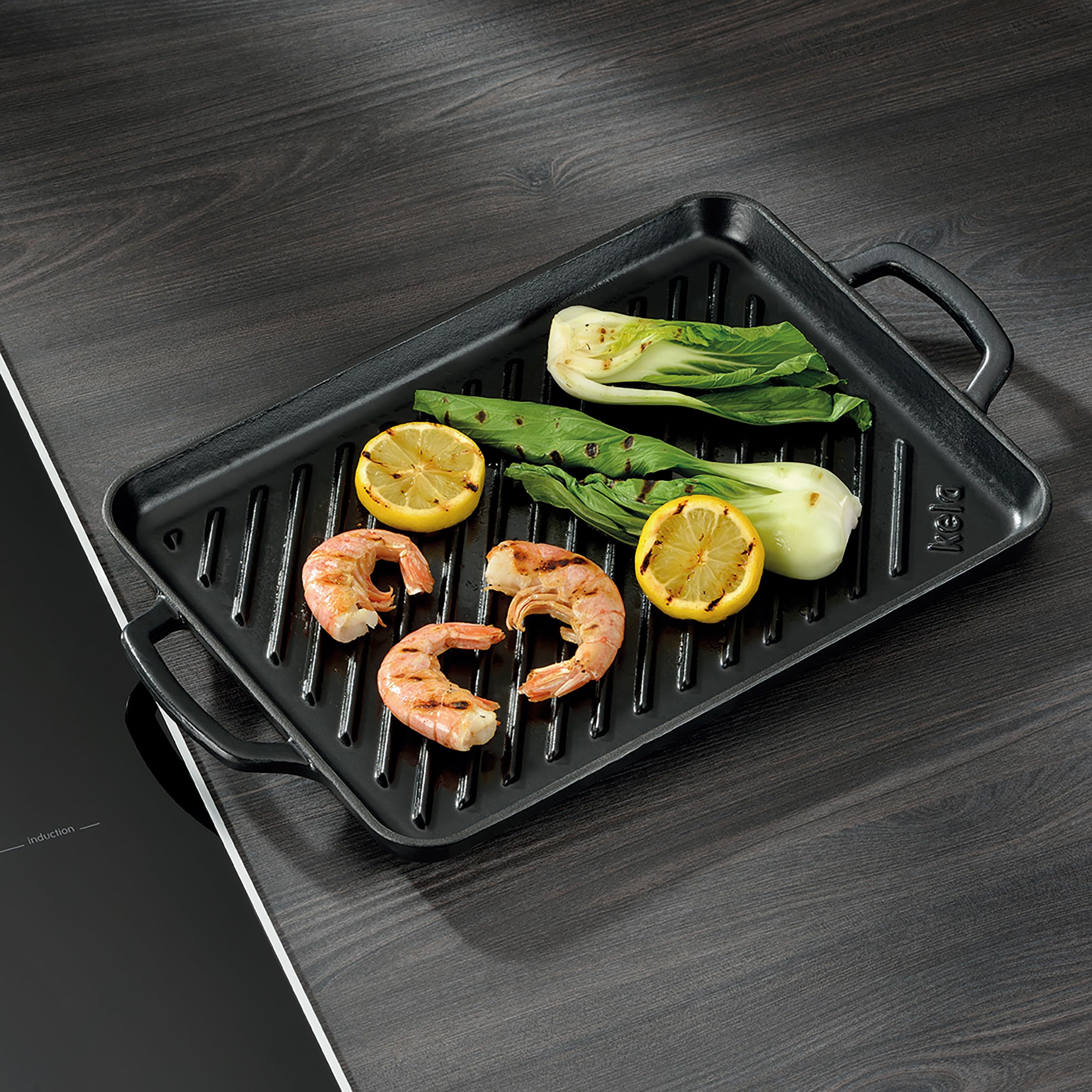 kela Piastra grilla induzione 35 x 25 cm CALIDO, piastra grill in ghisa smaltata per fornelli, resistente al calore fino a 300 °C, nera