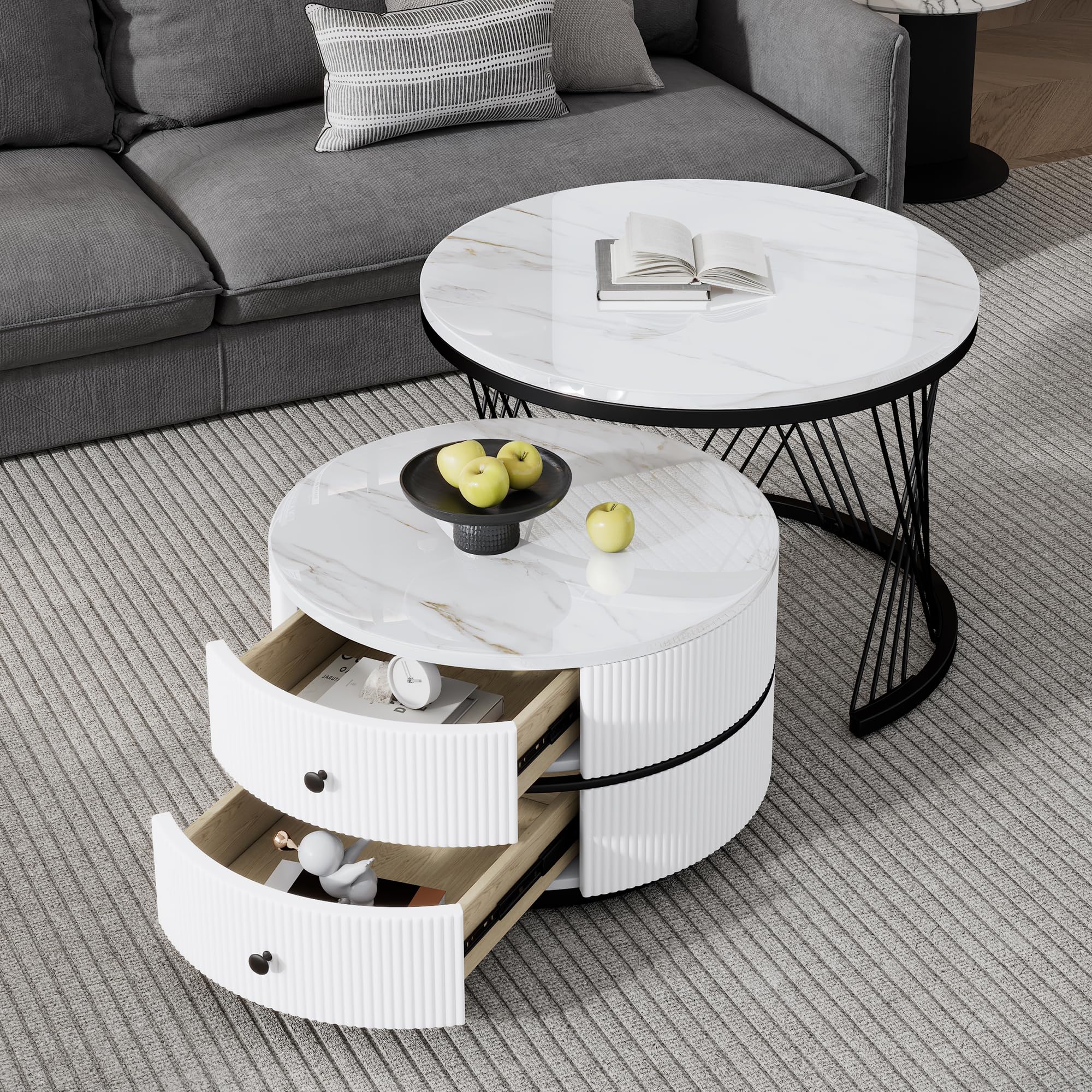 Couchtisch 2er Set, Couchtisch Rund mit Stauraum, Wohnzimmertisch, Schwarzrahmen 60x60x46cm und 50x50x31cm